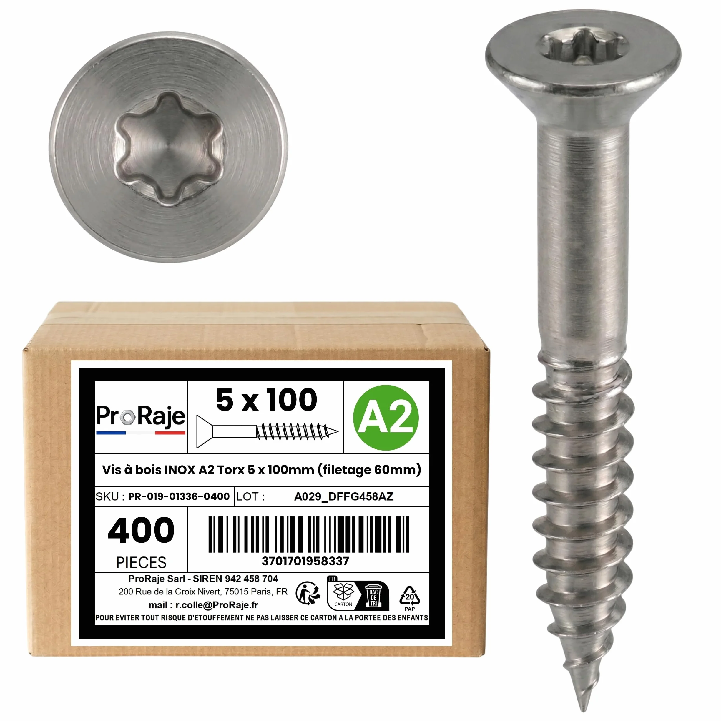 Wkręt do drewna ze stali nierdzewnej A2: 5 x 100 mm (gwint 60mm) | Głowica stożkowa TORX (TX) | Stal nierdzewna A2 (V2A / AISI 304) | Konstrukcja/płyta wiórowa/taras/itp.: Zestaw 400 szt