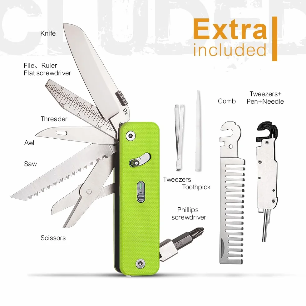 ROXON S503G Flex Companion Tool, modułowe narzędzie kieszonkowe, wstępnie zainstalowane z 8 niezbędnymi narzędziami (śrubokręt 1/4", ostrze D2, śrubokręt, piła stożkowa, nożyce itp.) (kolor neonowy)