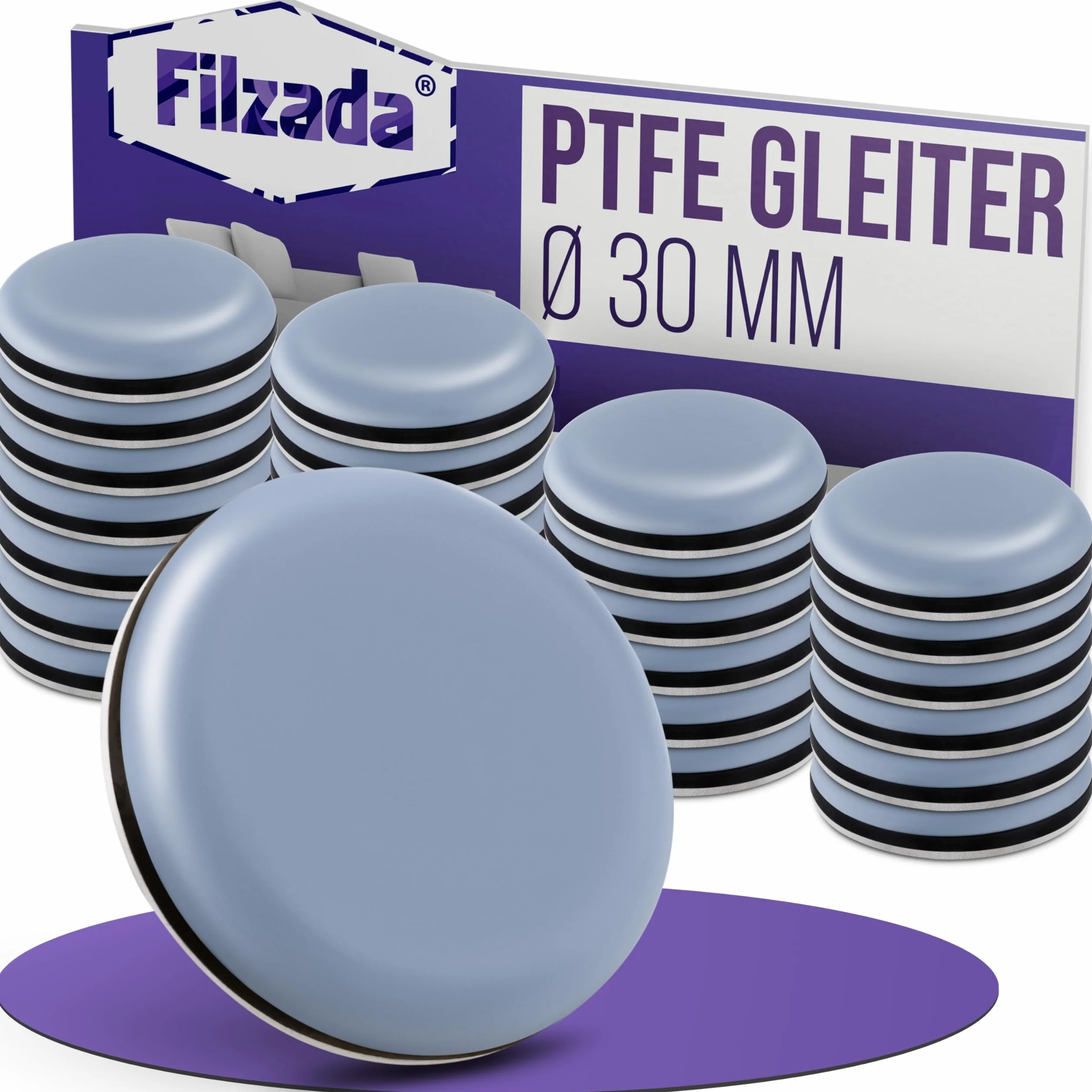 Filzada® 26x Ślizgacze teflonowe samoprzylepne - Ø 30 mm (okrągłe) - profesjonalne ślizgacze meblowe/ślizgacze dywanowe PTFE (teflon)