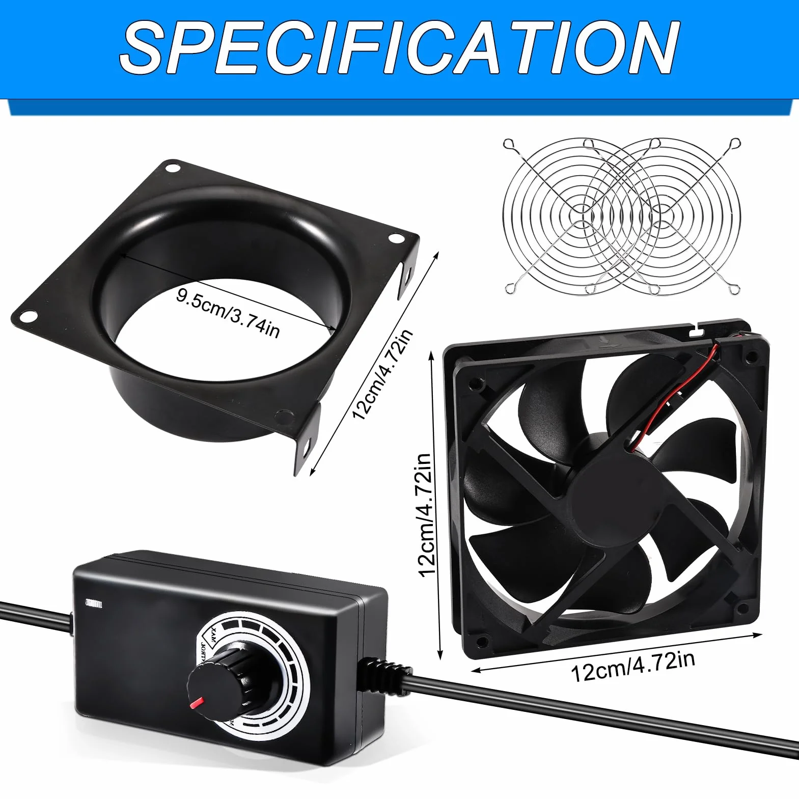Joycabin Wentylator osiowy 100 mm, 12 V DC z regulatorem prędkości, efektywny pochłaniacz dymu spawalniczego, do kuchni, szklarni, garażu, cyrkulacji powietrza