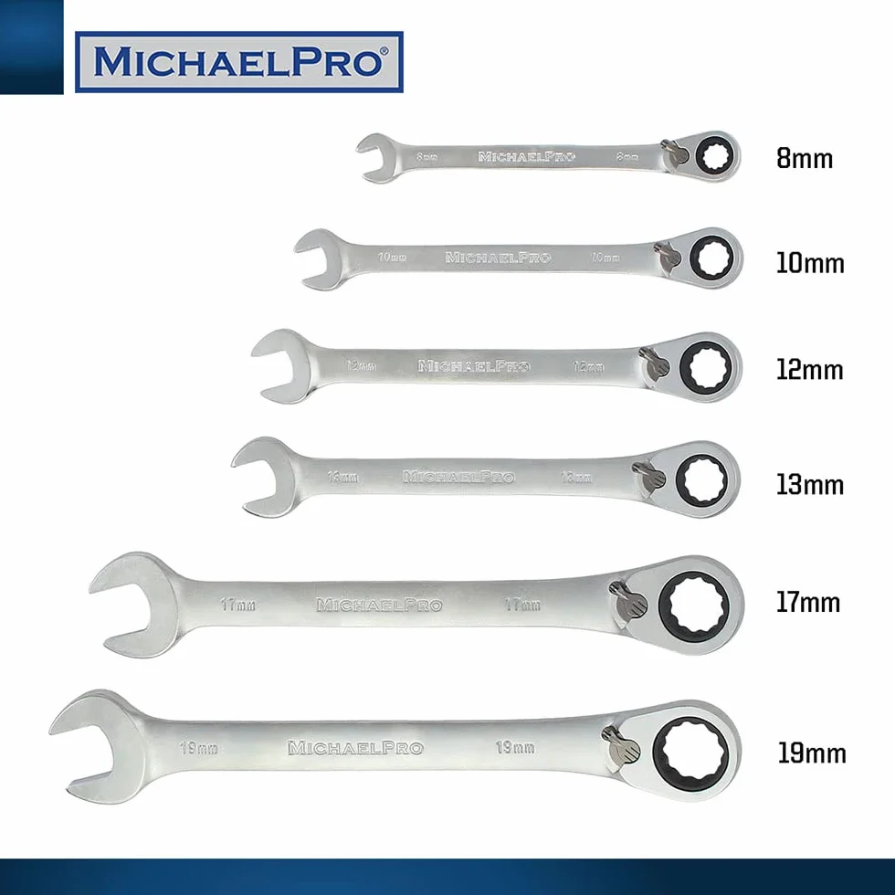 MichaelPro MP001139 zestaw kluczy płasko-oczkowych z przełączaną grzechotką, metryczny, 6-częściowy, 8,10,12,13,17,19 mm, klucz płaski z zwijaną torbą