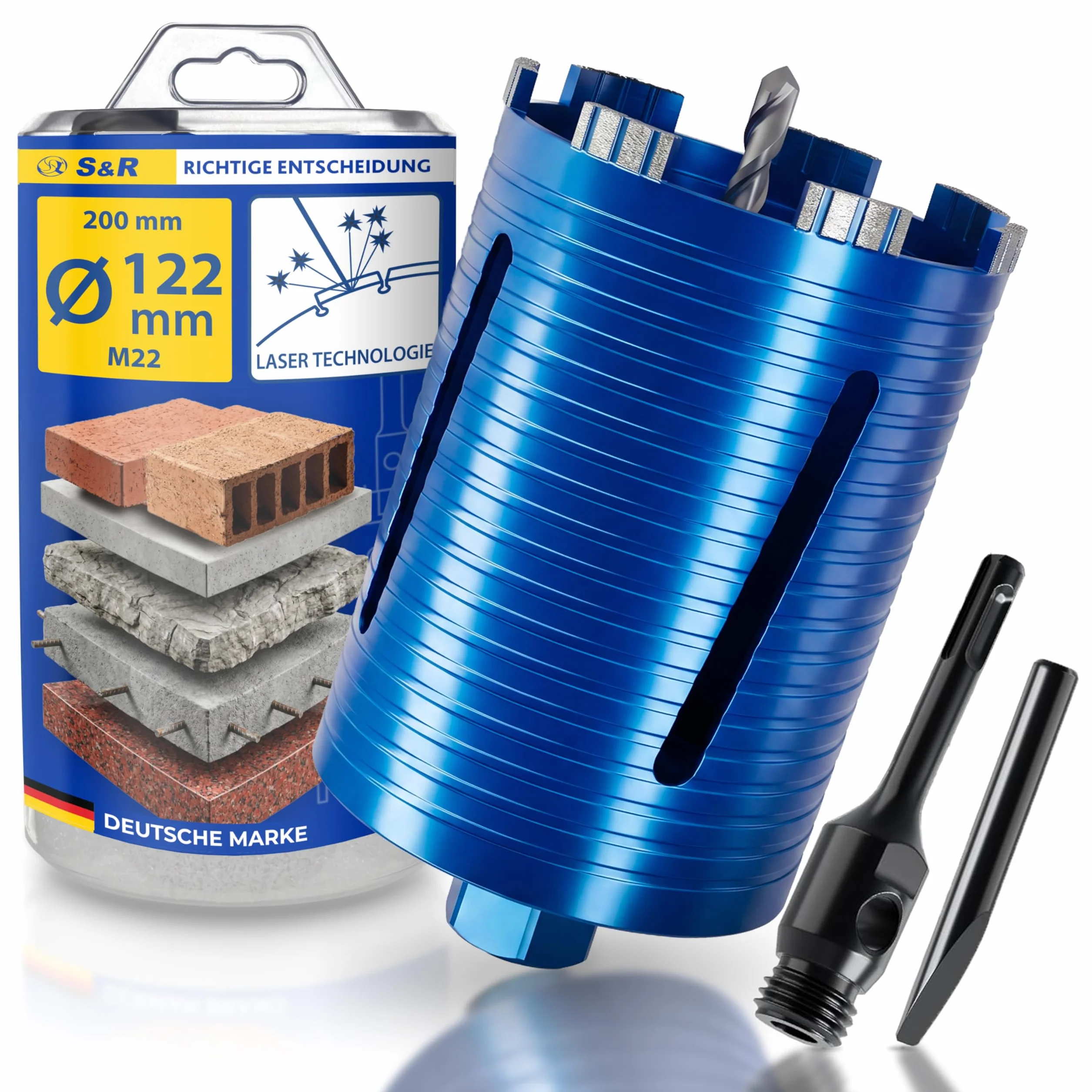 S&R Diamentowa koronka wiertnicza 122 mm, wiertło rdzeniowe M22, długość 200 mm, segment 10 mm, wiertło centrujące, adapter SDS-plus, koronka wiertnicza na sucho, diamentowa koronka wiertnicza do