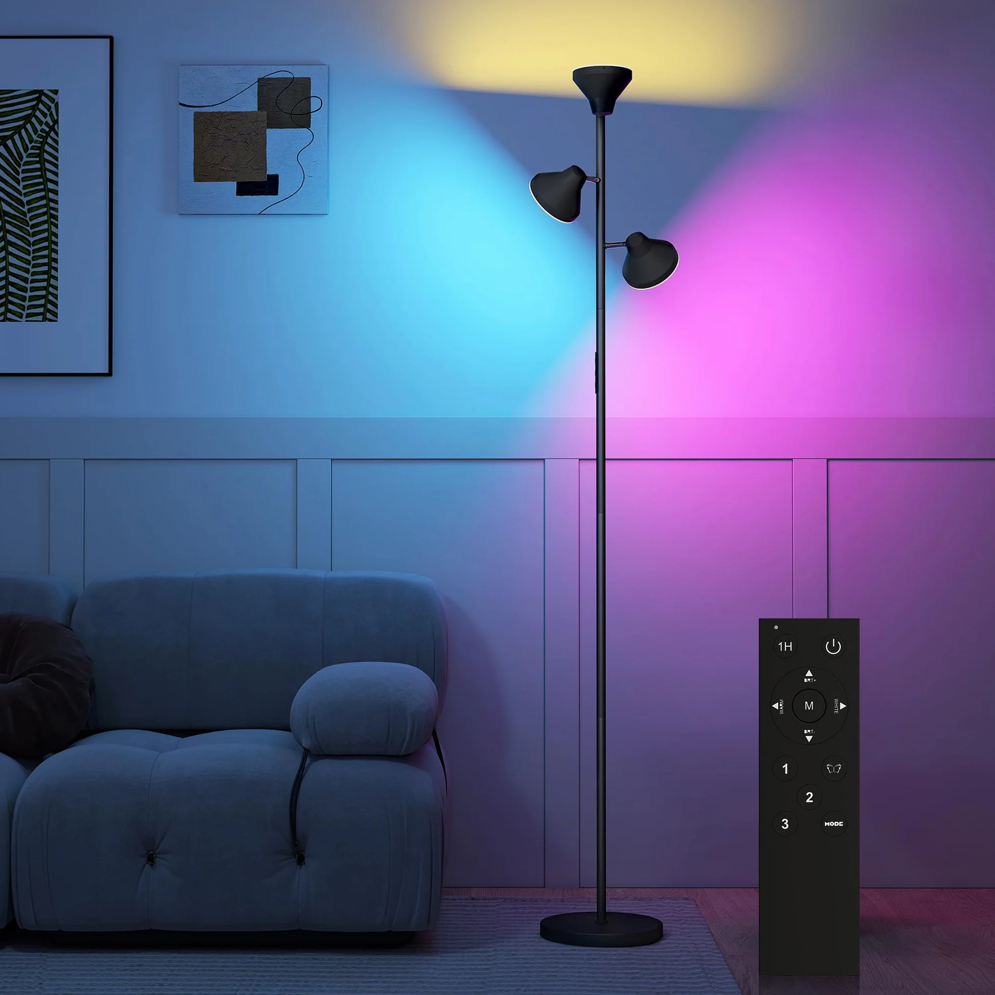 HOMCOM Lampa podłogowa z regulacją jasności i lampą do czytania, zmiana kolorów RGB, sterowanie dotykowe i pilotem, 3 obrotowe głowice, 4150lm, 2700K–6000K, do salonu i sypialni