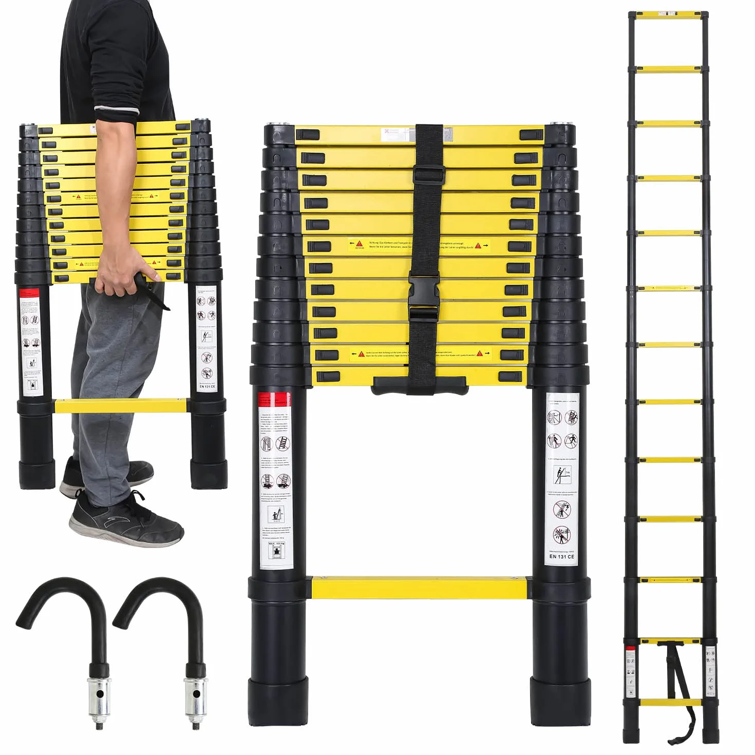 Aluminiowa drabina teleskopowa, wysuwana drabina z 2 zdejmowanymi hakami, drabina stojąca, antypoślizgowa, drabina uniwersalna, obciążenie do 150 kg, czarna