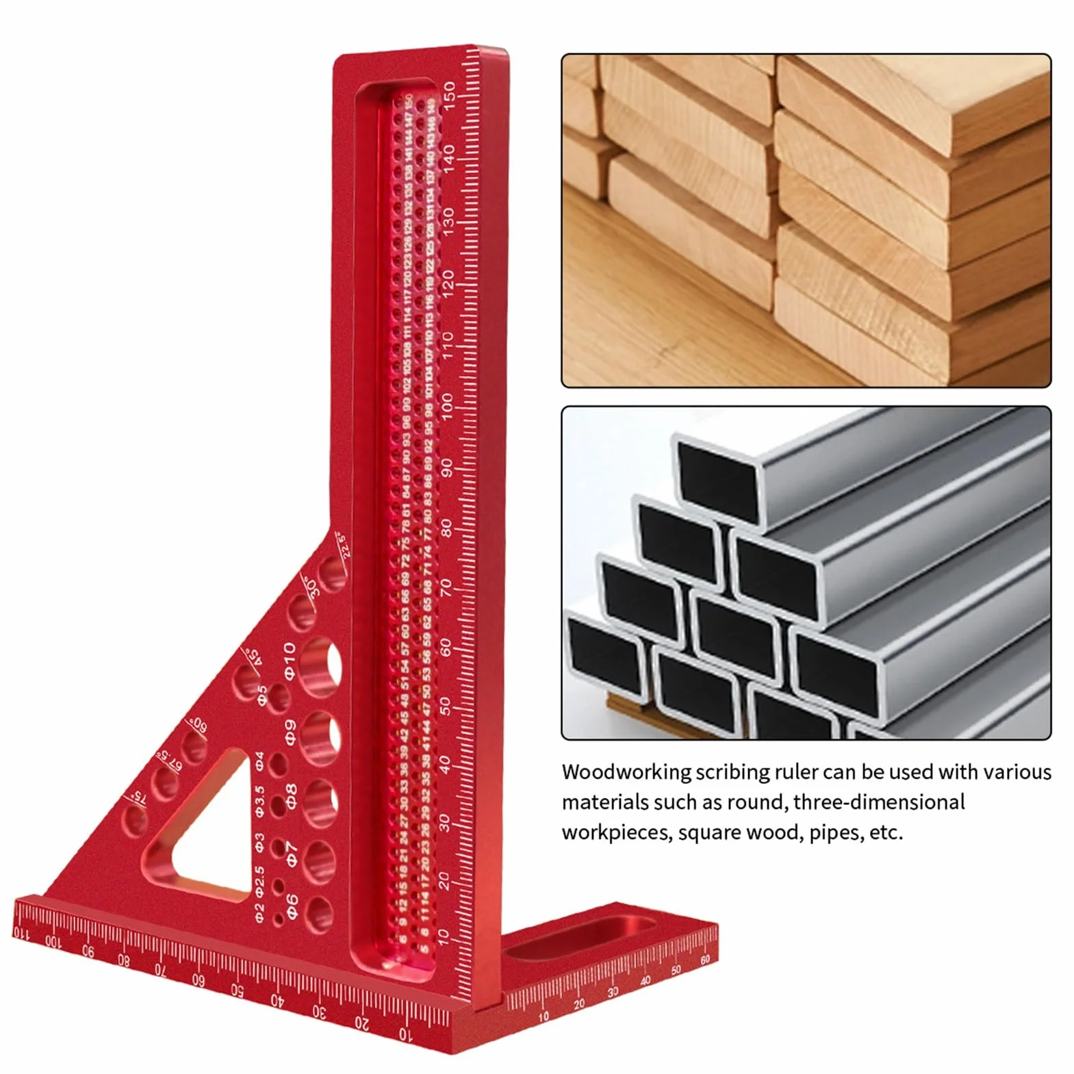 VOBOR Kąt nachylenia 3D 22,5-90°, kąt ciesielski ze stopu aluminium, wysoka precyzja obróbki drewna z 11 otworami wiertniczymi, narzędzie pomiarowe dla stolarzy i inżynierów
