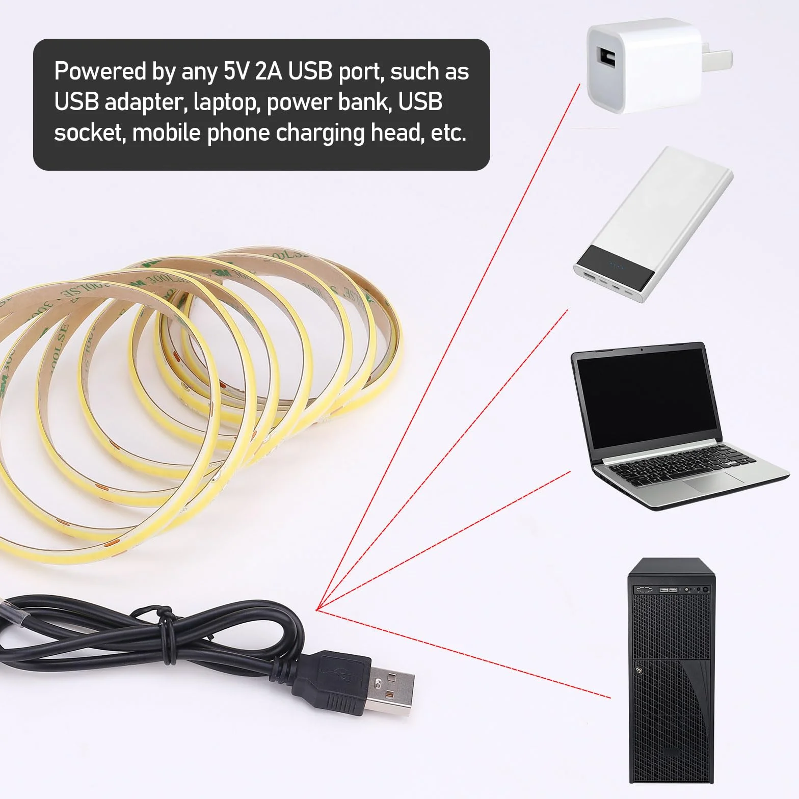 GOMING 5V Taśma LED COB USB Ciepła Biel 3000K IP65 Wodoodporny Zasilany przez USB CRI 93+ 640LEDs 2M Jednolite Światło Elastyczny Pasek LED dla DIY Oświetlenie Dekoracyjne