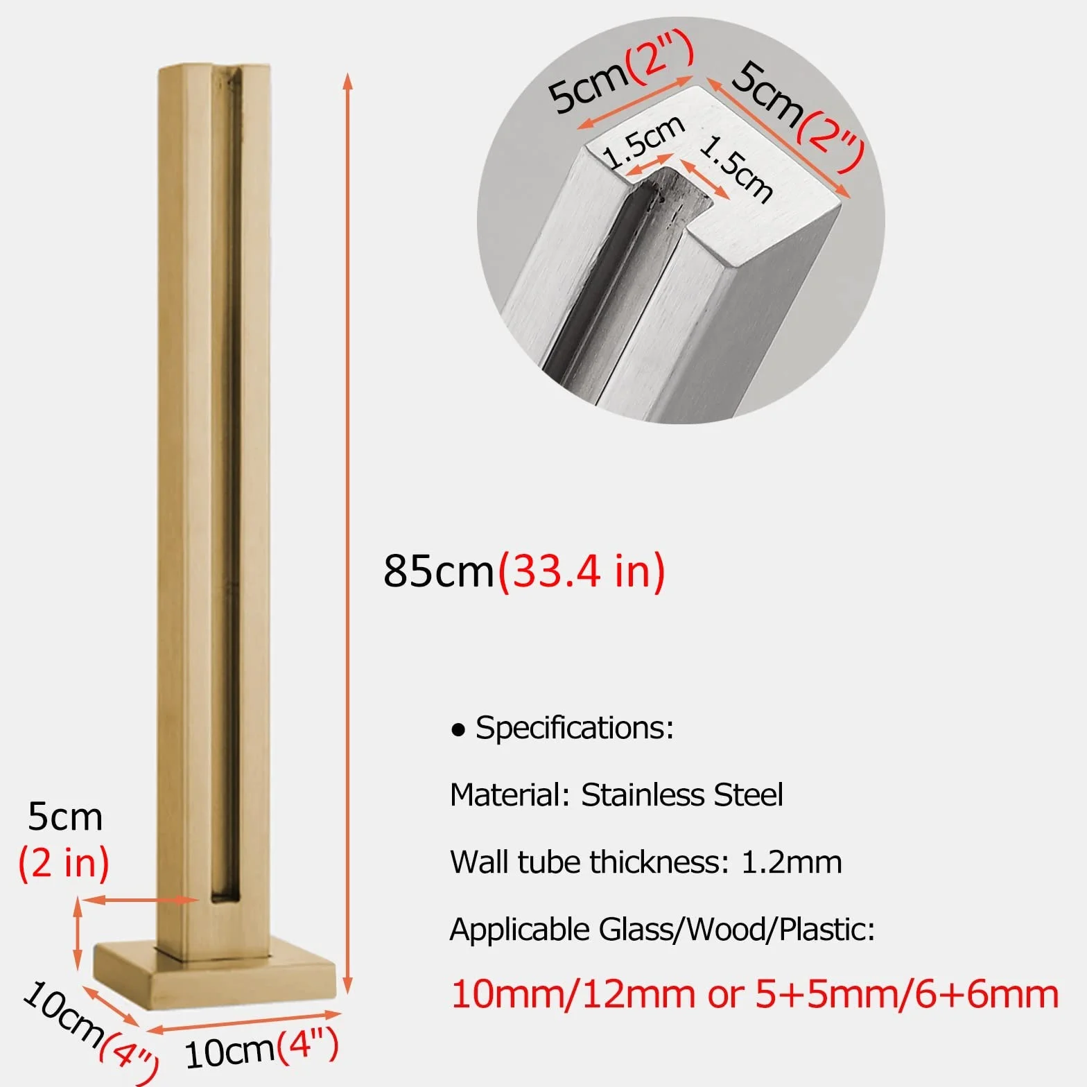Złoty słupek końcowy do szklanej balustrady 80/80 cm - trwałe podparcie do paneli metalowych/drewna/szkła hartowanego (8-12 mm) - idealny na balkon i schody