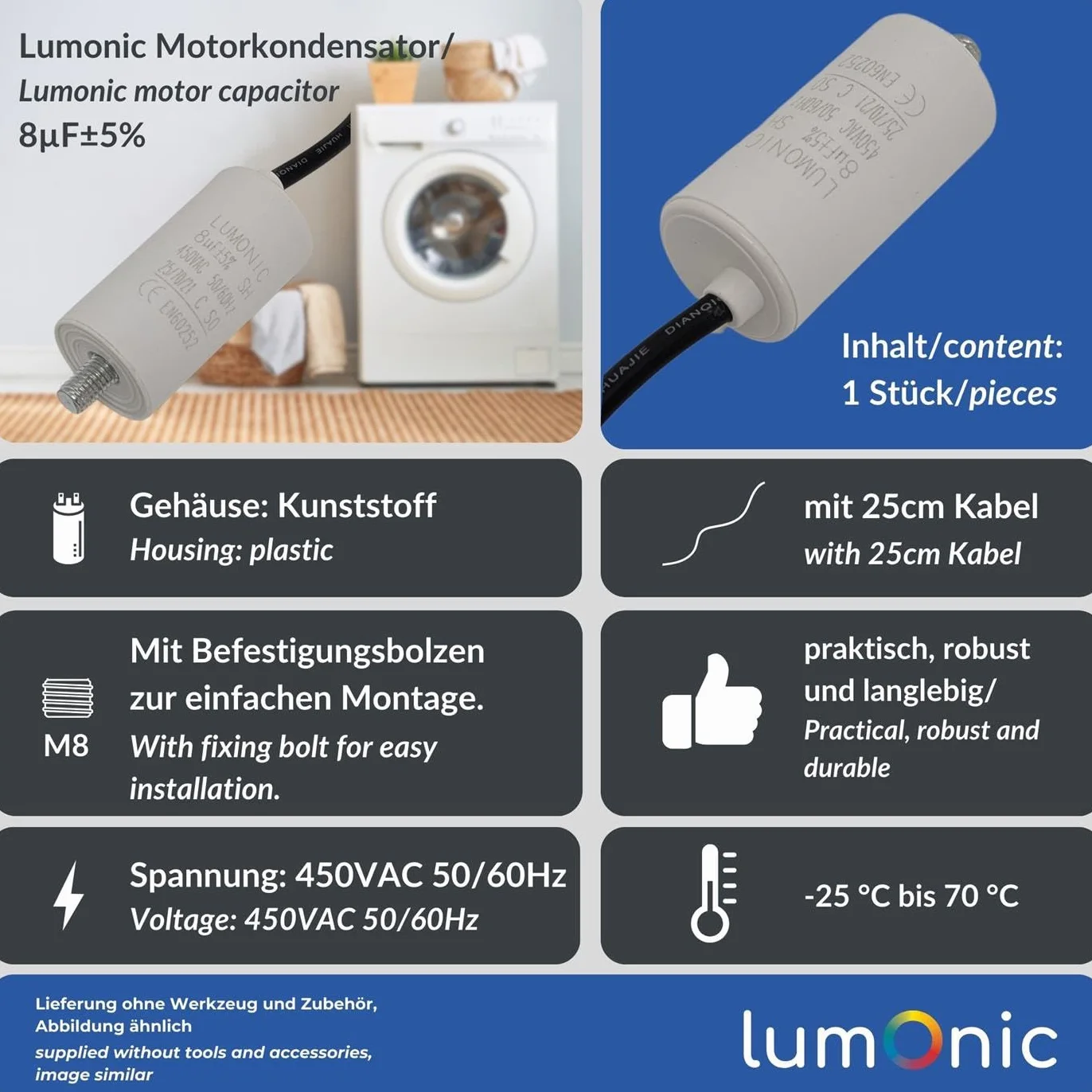 Lumonic Kondensator rozruchowy 8µF 450V | z Kabel I 30x60mm I 8uF I Kondensator silnikowy z plastikowa obudowa I Kondensator operacyjny I do pomp, kosiarek, narzedzi