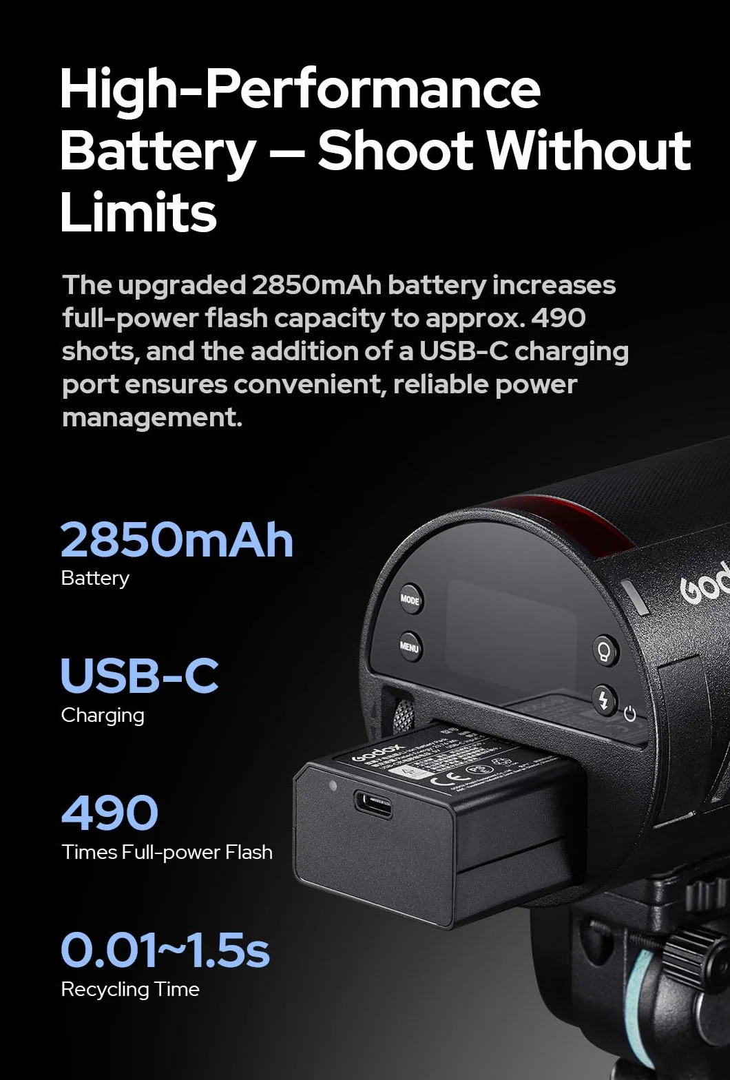 Godox AD100 Pro II 100 W lampa błyskowa z zestawem AK-R1, AD100PRO II 2,4 G TTL Flash, zoom 28-85 mm, 490 pełnych błysków, 0,01-1,5 s, recykling HSS 1/8000s, akumulator 2850 mAh, ładowanie USB-C, 16
