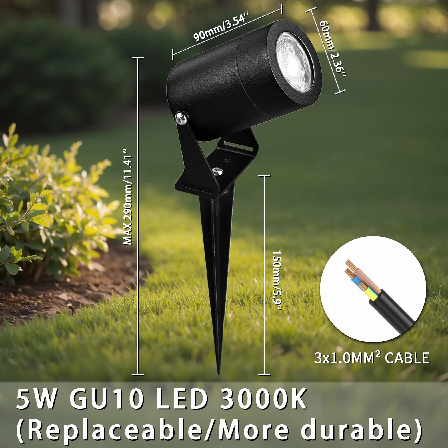 JNR Reflektor ogrodowy LED ze stali nierdzewnej z ostrzem do wbijania w ziemię, wodoszczelność IP65, lampa ogrodowa z żarówką 5 W, GU10 3000 K, kabel 2 m, bez wtyczki, oświetlenie ogrodowe na zewnątrz