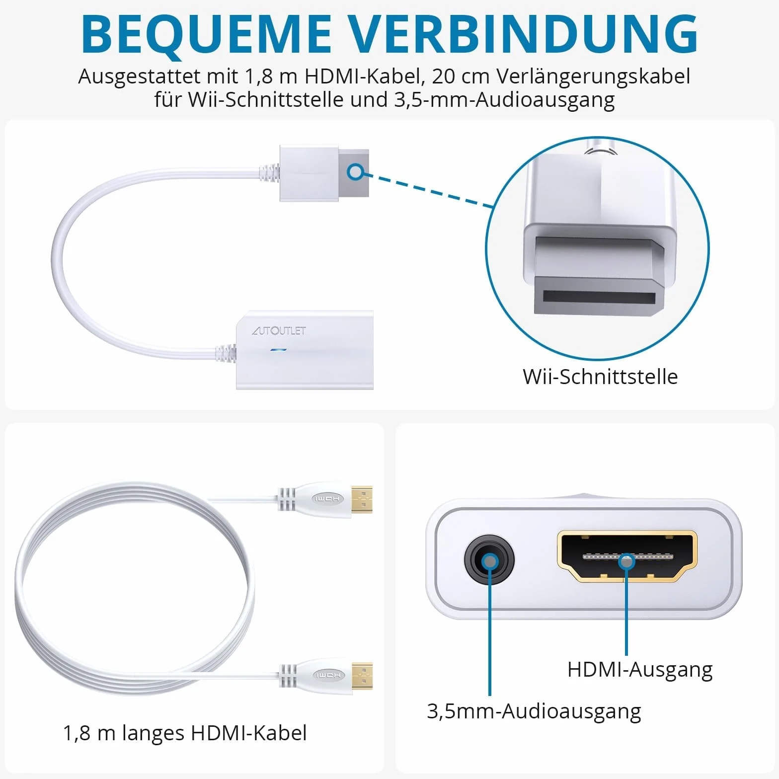 AUTOUTLET Adapter Wii do HDMI Biały 1080P/720P Full HD Konwerter z kablem HDMI 1,8M dla Nintendo