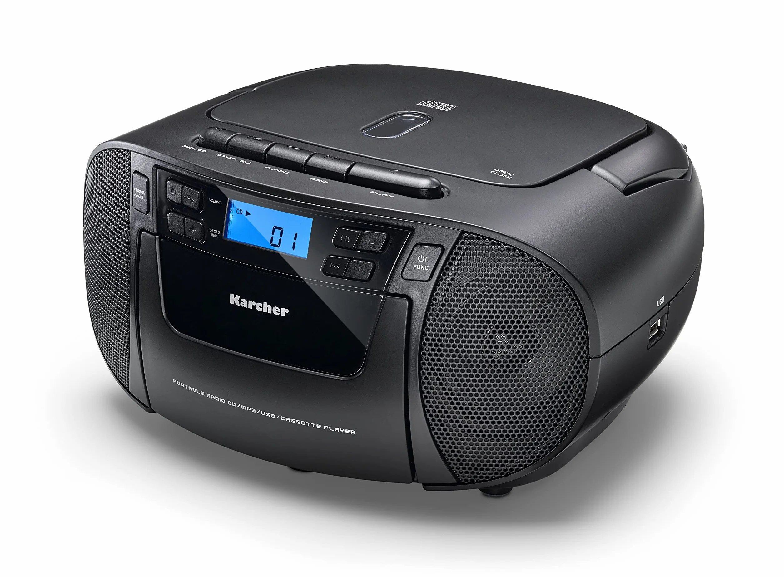 Karcher RR 5045 Przenośne radio CD (Boombox z odtwarzaczem CD, kasetą, radiem FM, obsługą sieciową, USB i aux-in) Czarny