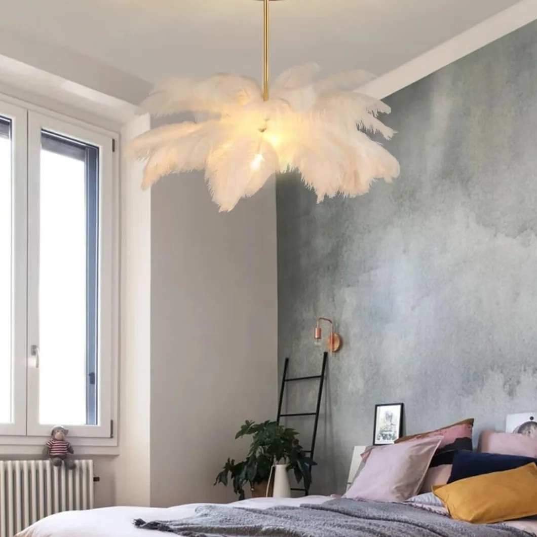 GUANSHANfeder Straußenfeder-Pendelleuchte und Deckenleuchte mit Kronleuchter und Lampa für Schlafzimmer, Wohnzimmer