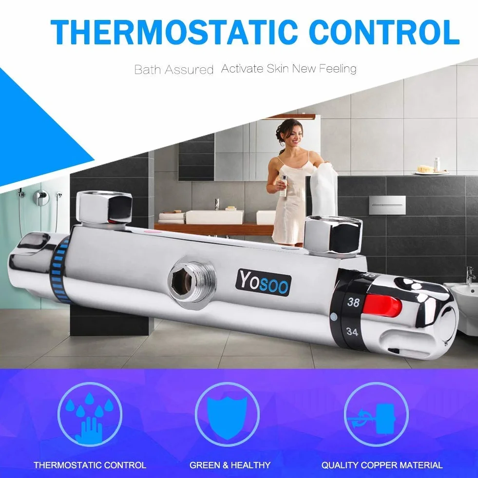 Termostatyczna bateria prysznicowa, termostatyczny kran prysznicowy, nowoczesny chromowany termostatyczny termostatyczny bateria łazienkowa do toalety precyzyjna kontrola temperatury 27,6 cm x 6,4 cm