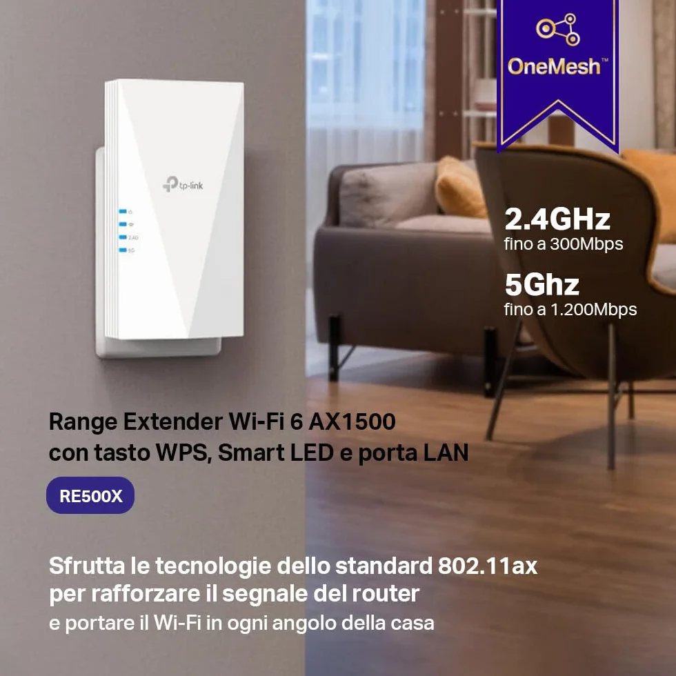 TP-Link RE500X | Wzmacniacz Sygnału Wi-Fi 6 AX1500 | Dwupasmowy (5 GHz i 2,4 GHz) | Port Gigabit Ethernet | Kompatybilny z OneMesh | Tryb Punktu Dostępowego | Aplikacja Tether