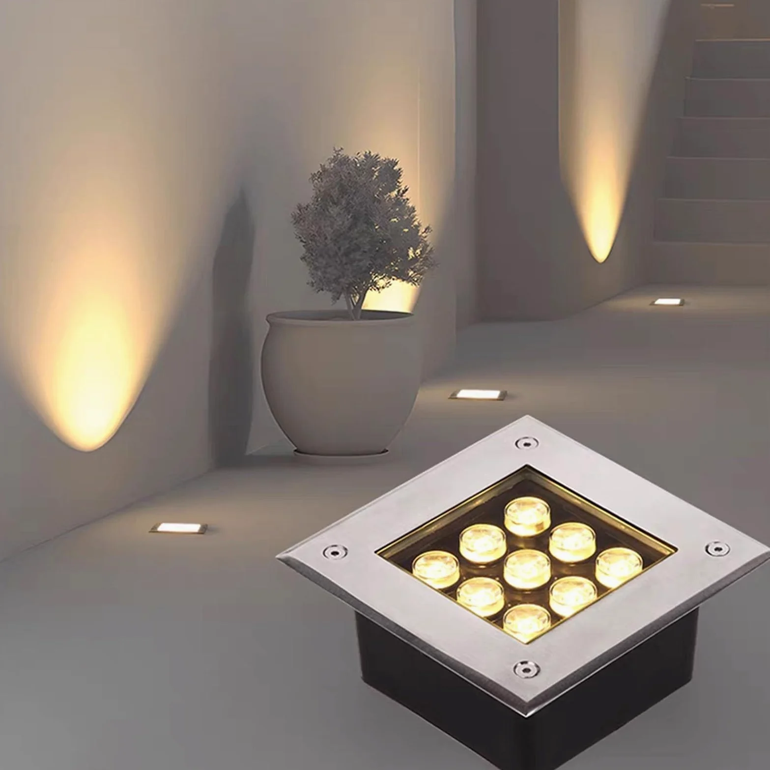 Kwadratowy reflektor LED do ogrodu - zewnętrzna lampa wpuszczana, wodoodporna IP67, oświetlenie ścienne i podłogowe niskiego napięcia 12 V (niebieskie światło, 36 W)