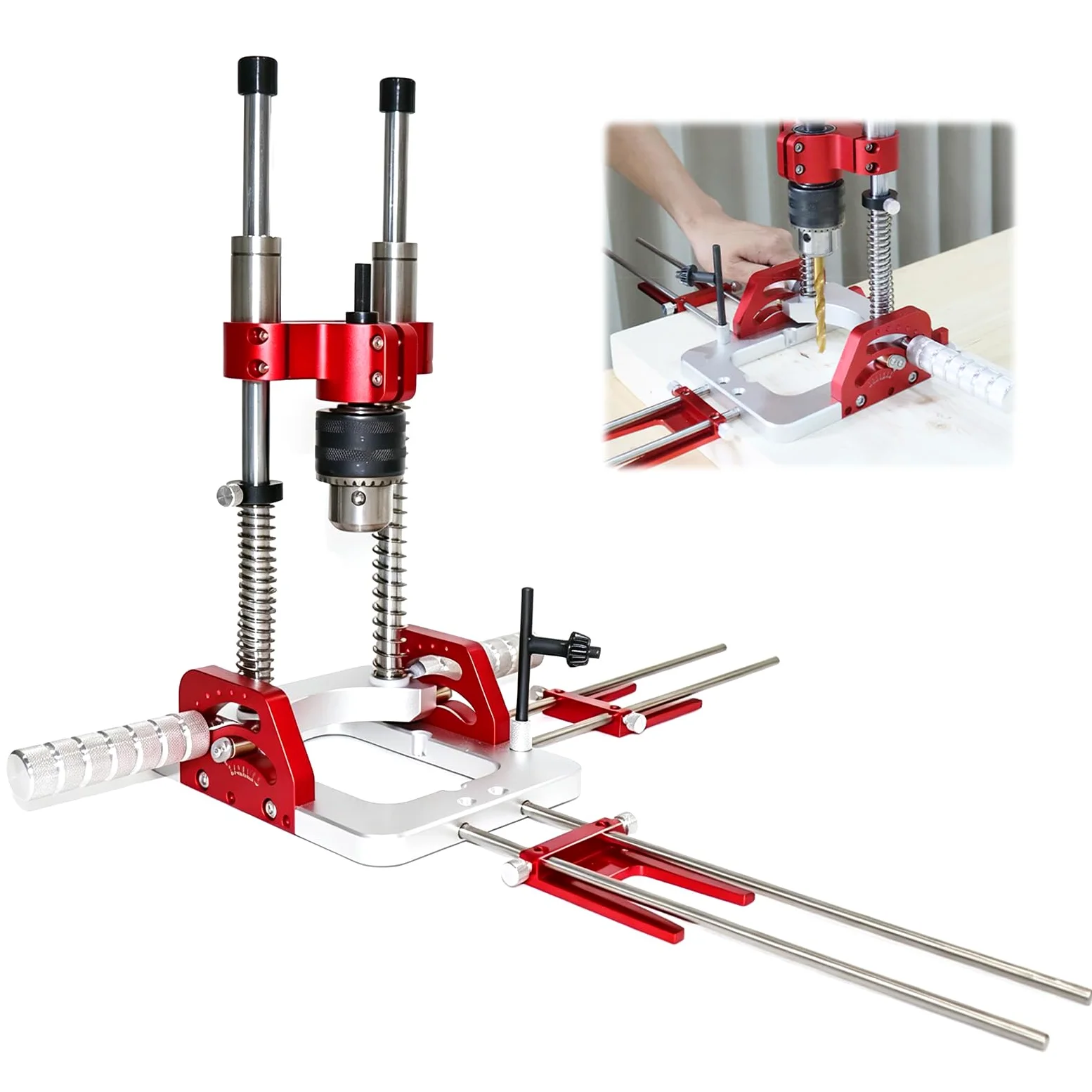 Upgrade stojak wiertarski z uchwytem wiertarskim, prowadnica kątowa 0-60° do przenośnych wiertarek, samocentrujący, zakres mocowania 1,5-13 mm, ze wskaźnikiem wskazującym, mosiężne łożysko ślizgowe do