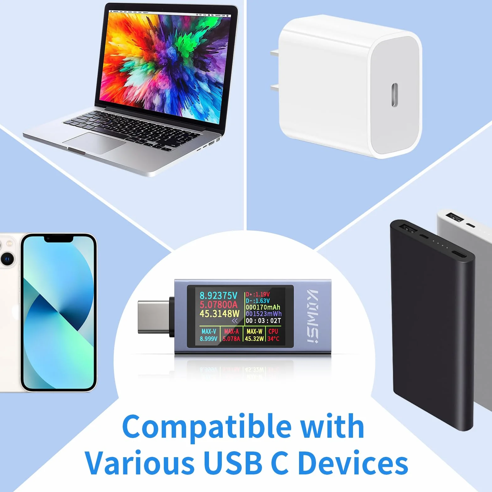YOJOCK 360 W USB C tester cyfrowy miernik typu C, 4-30 V 0-12 A PD, woltomierz mocy, miernik pojemności, miernik napięcia, miernik prądu, detektor wydajności i pojemności USB