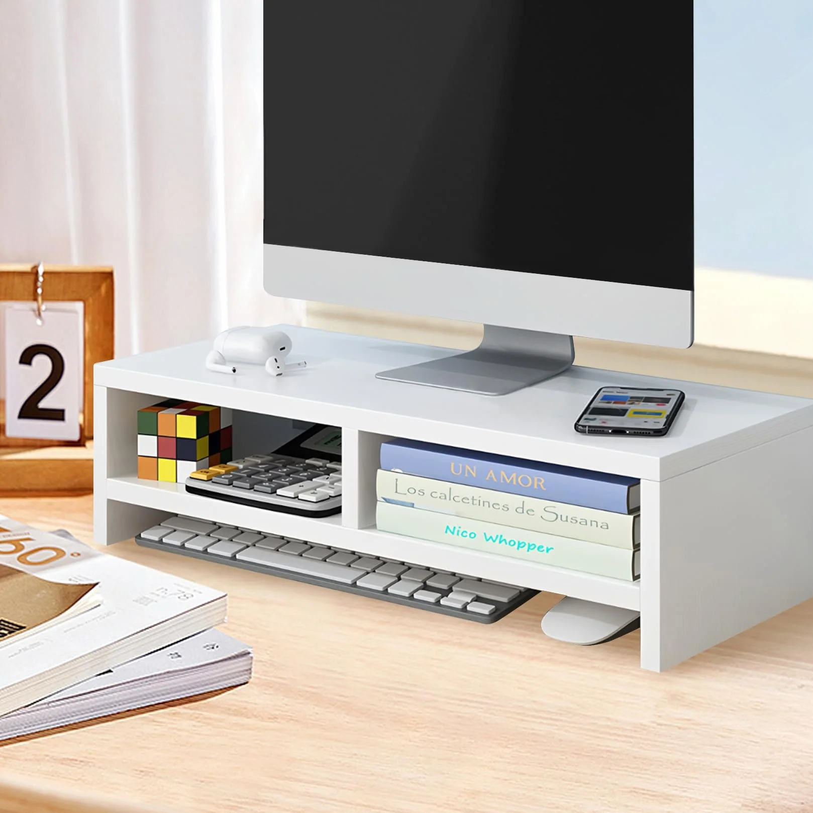 Stojak Na Monitor Biały Z Drewna z 2 Półkami Podwyższenie Ekranu Stojak Na Monitor Komputerowy Na Biurko Idealny Do Domowego Biura 40 X 20 X 13 Cm