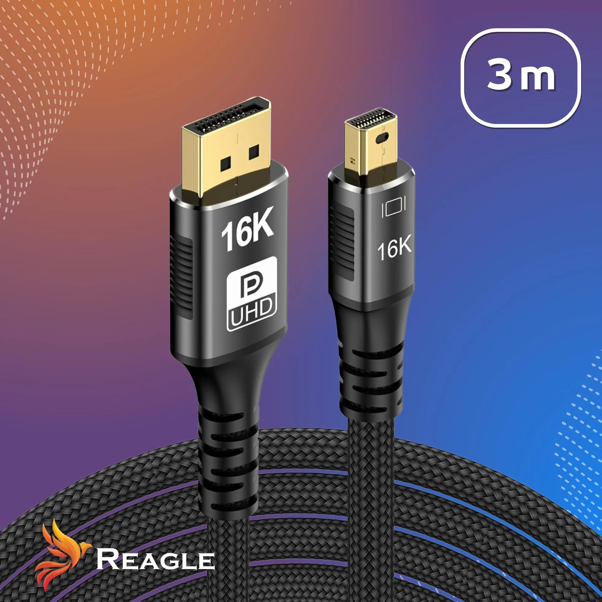 Reagle Kabel Mini DisplayPort DP 2.1 PRO 16K 4K 144 Hz 3M Oplot Nylonowy Pozłacany Wtyk