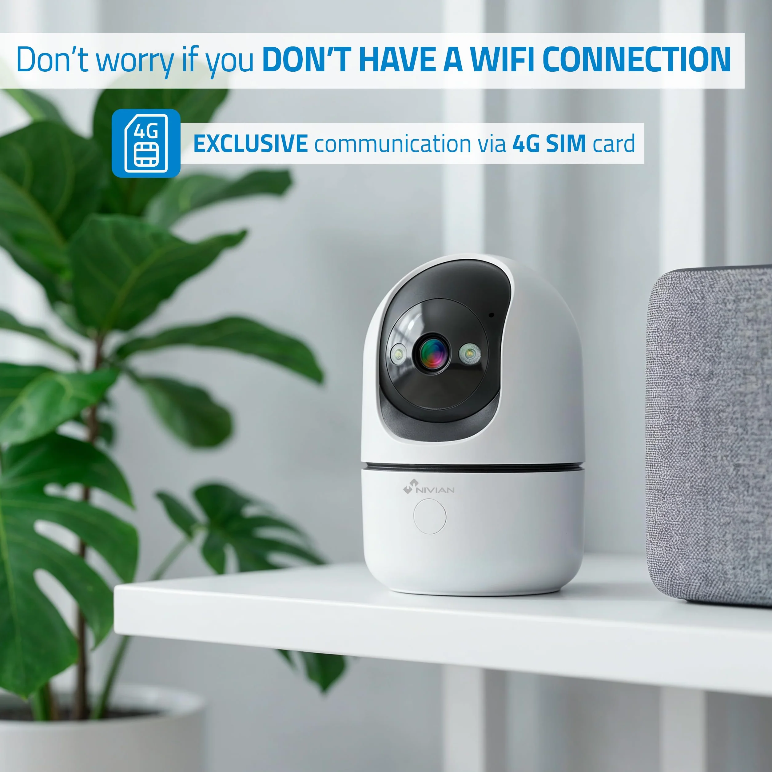 NIVIAN Kamera do monitoringu wewnętrznego 4G karta danych zawiera 3MP SuperHD 2K - Night Vision, Wykrywanie ludzkiej AI, automatyczne śledzenie, dwukierunkowy dźwięk, ruch 350°, kontrola aplikacji