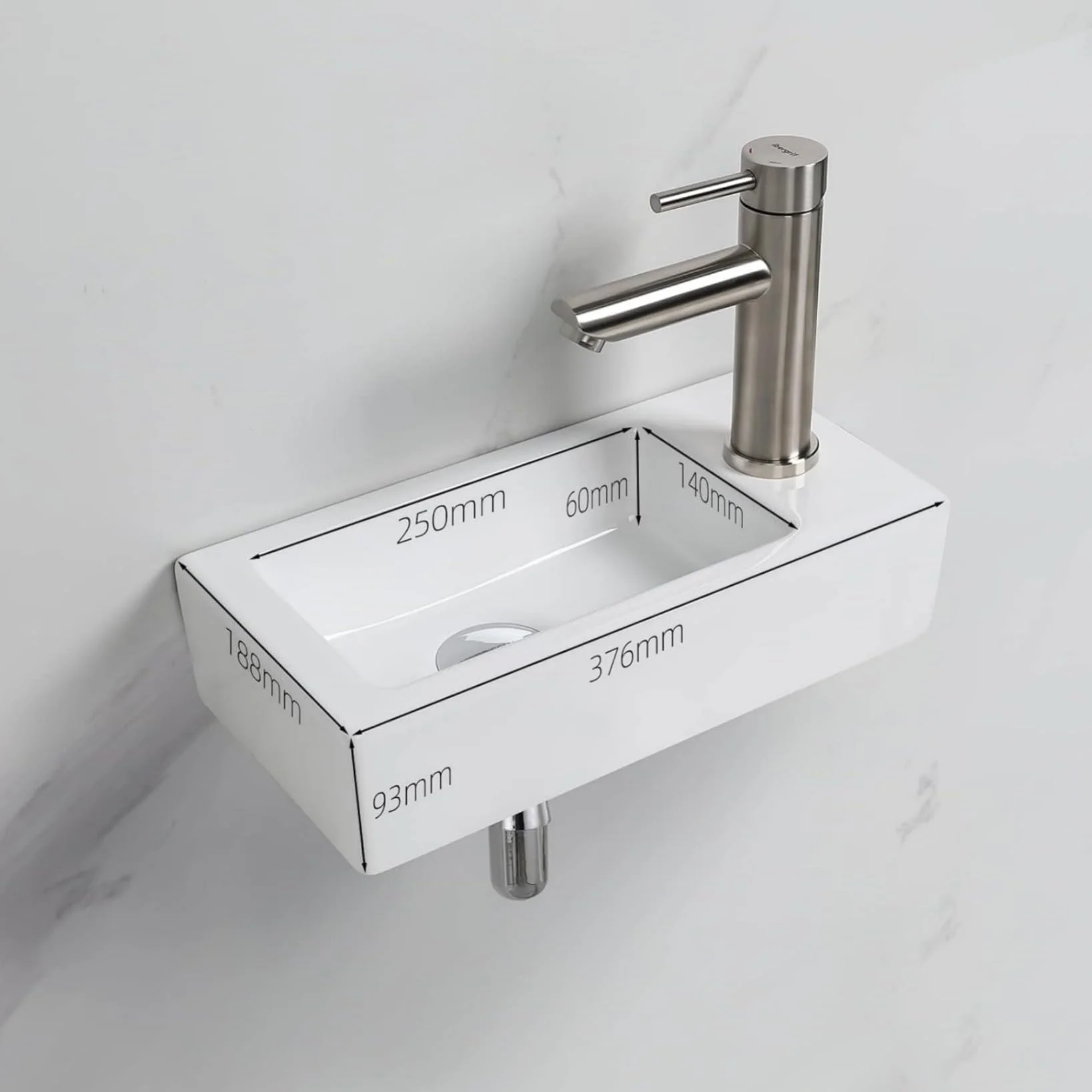 Ibergrif, M41102-R Prostokątny zlew ceramiczny z 1 otworem na kran, umywalka z prawej ręki montowana na ścianie, Mały rozmiar: 376 × 188 × 93 mm, Biały