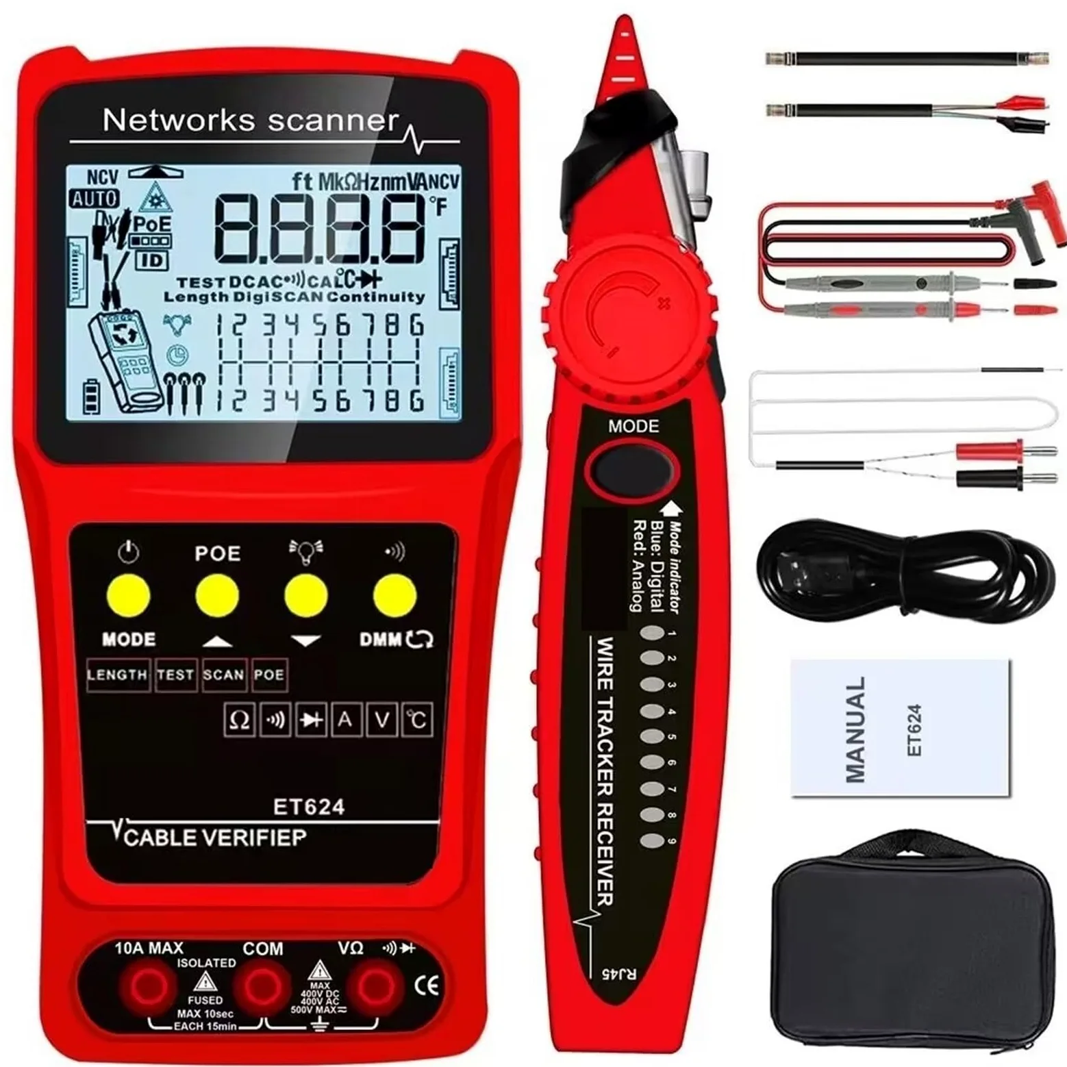 Tester kabli sieciowych, Tester Kabli Sieciowych, LAN, Wizualny Lokalizator Uszkodzeń, Multimetr, Mapowanie, POE, RJ45, dla kabla sieciowego(Et624)