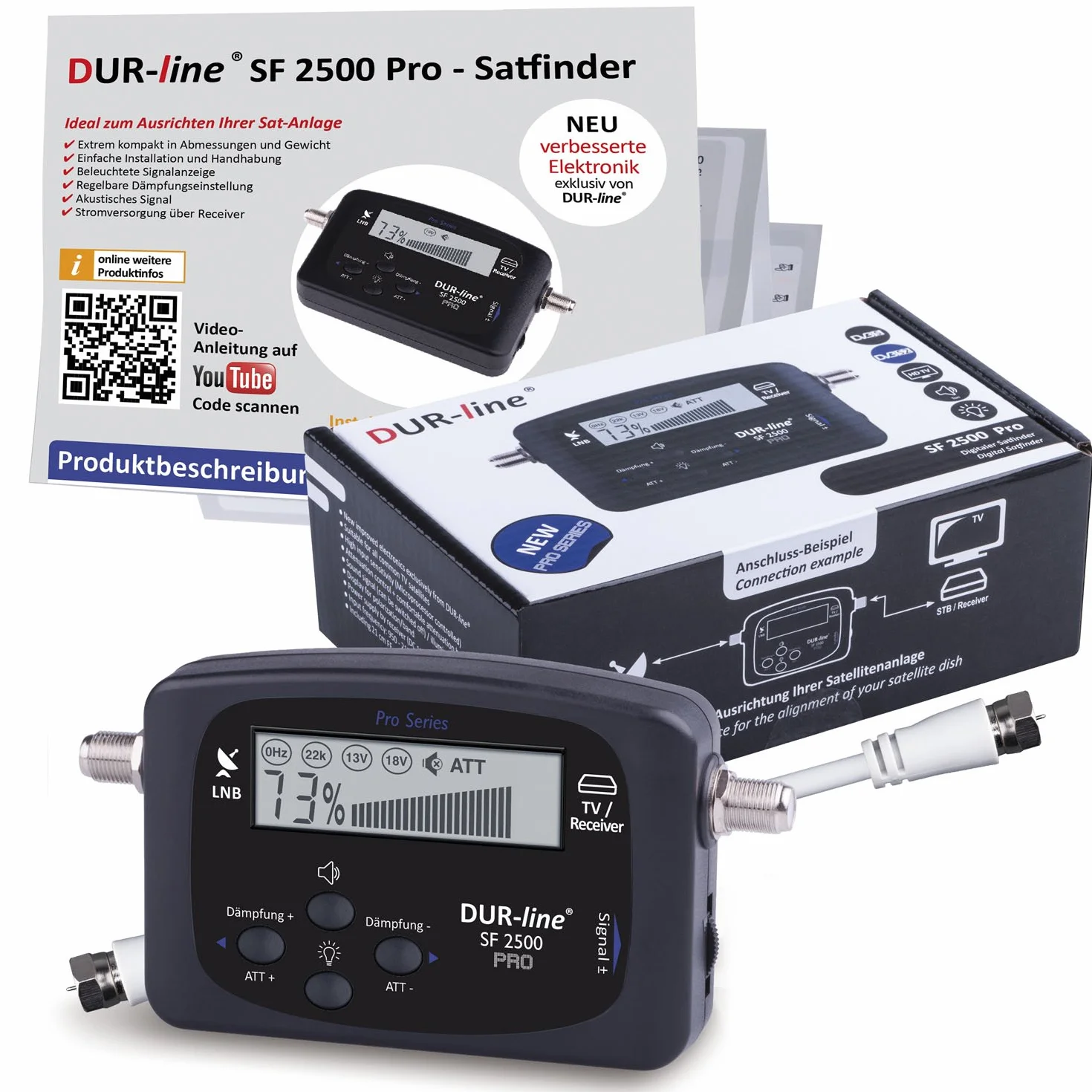 DUR-line SF 2500 Pro - Satfinder - ulepszony wyświetlacz i elektronika - cyfrowy miernik satelitarny do dokładnego ustawienia anteny satelitarnej - Finder w zestawie kabel F i zrozumiała instrukcja