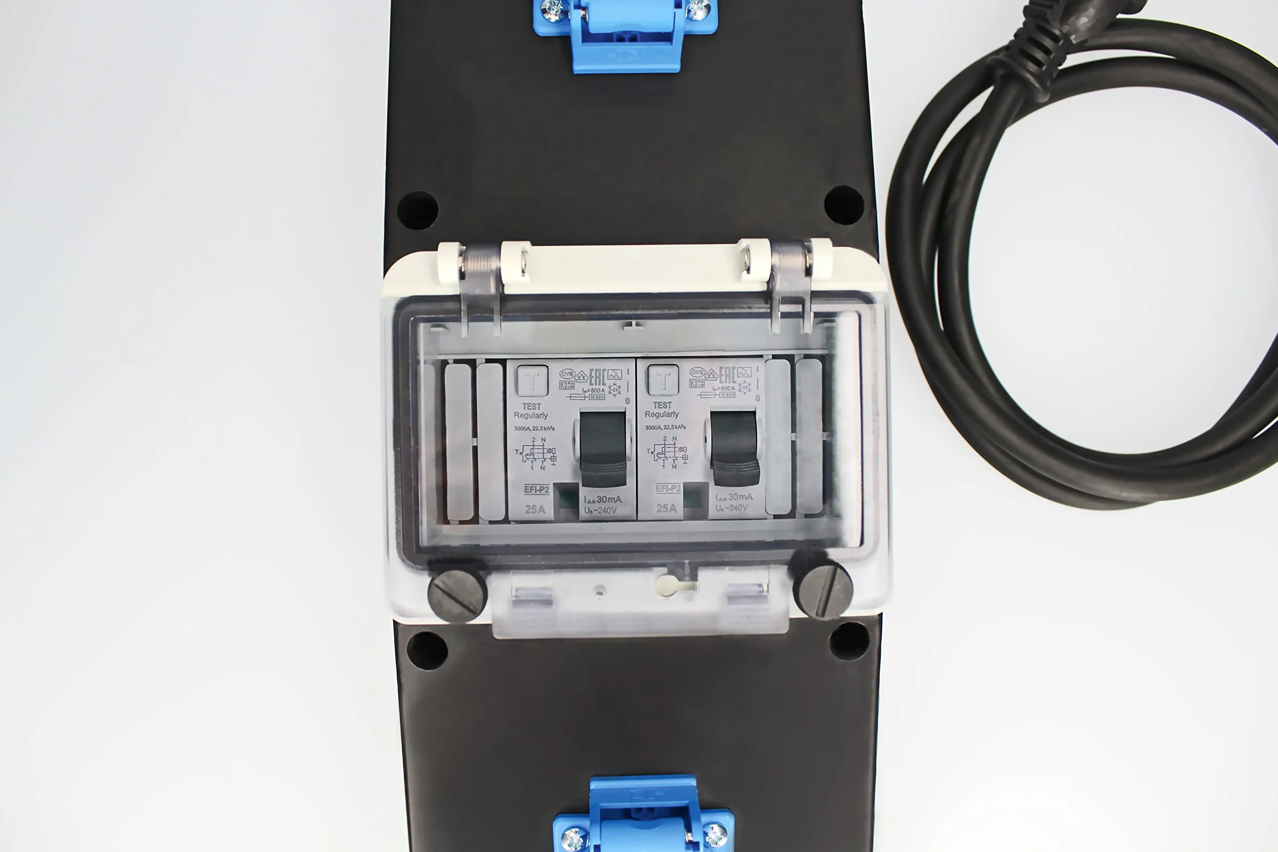as - Schwabe Mobilna listwa zasilająca z pełnej gumy G-S23, 3,6 kW, 2 gniazda 230 V/16 A, przewód H07RN-F 3G6, 2 wyłączniki różnicowoprądowe, czarna, 63272