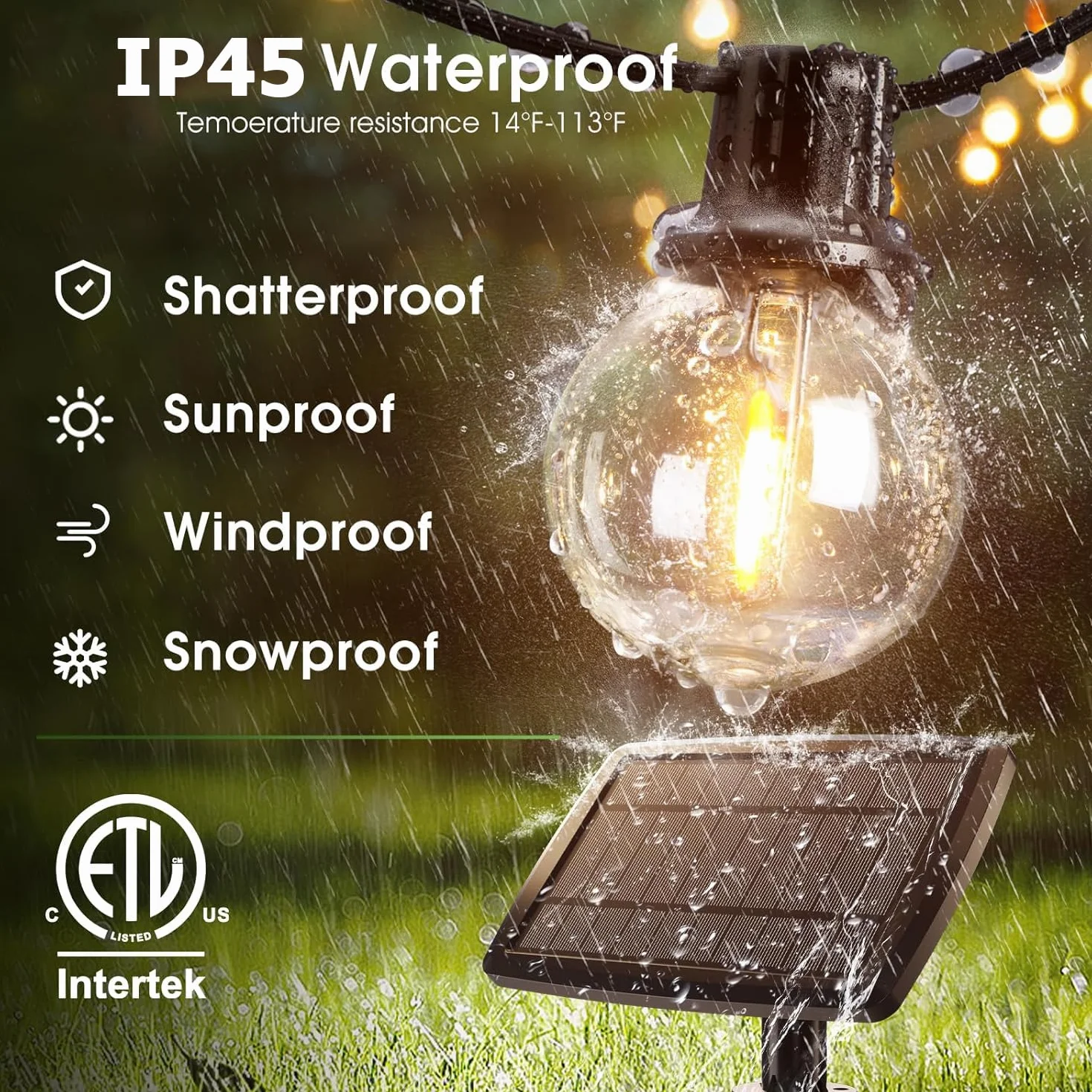 Svater Solarne lampy ogrodowe G40, 30 m, solarne lampy festoon, wodoodporne, 4 tryby, funkcja automatycznego włączania/wyłączania, funkcja pamięci, do wewnątrz, na zewnątrz, łańcuch świetlny zasilany