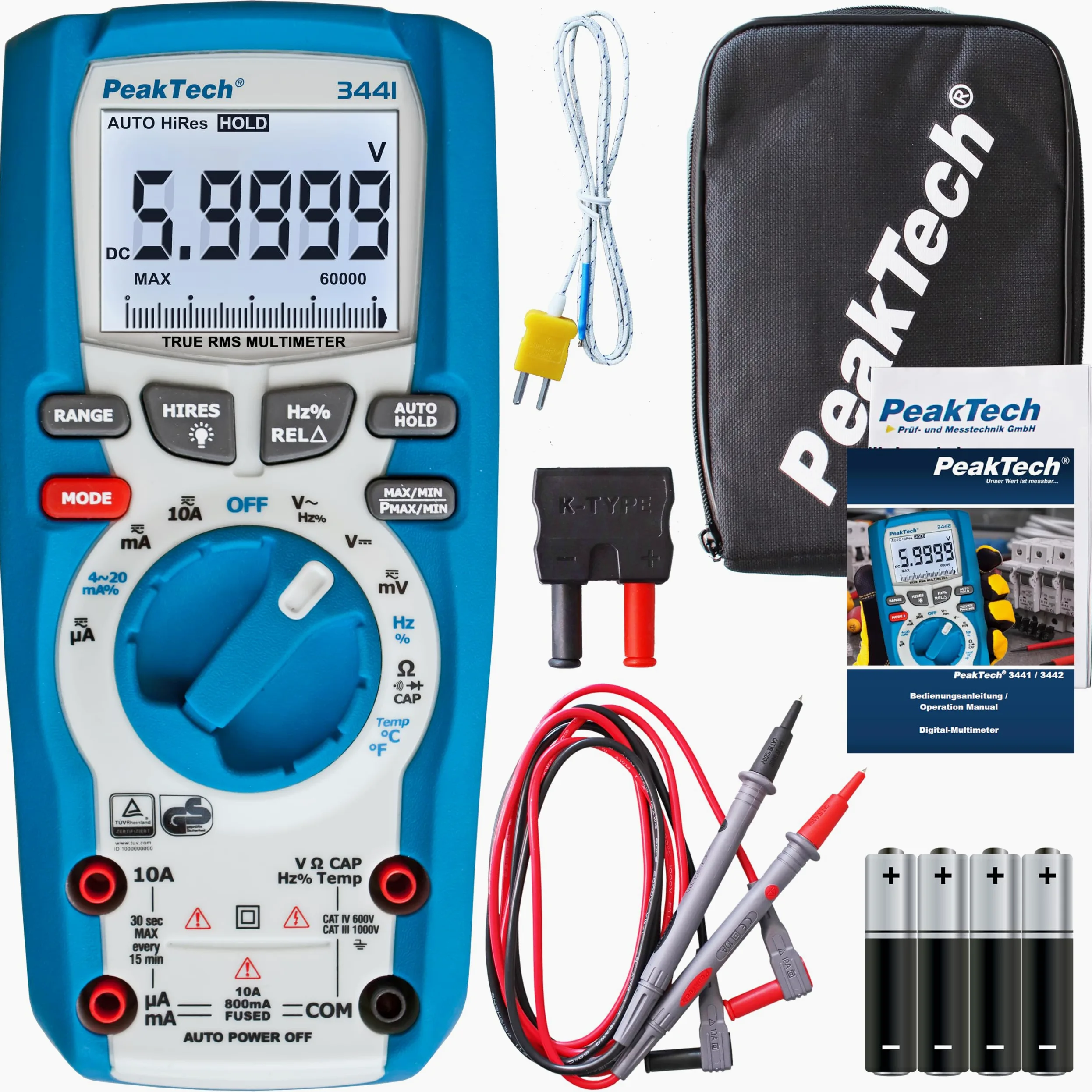 PeakTech 3441 – True RMS cyfrowy multimetr dla elektryków z 60 000 odczytów, profesjonalny multimetr ręczny do przewodów elektrycznych, TÜV/GS, miernik napięcia, miernik ciągłości
