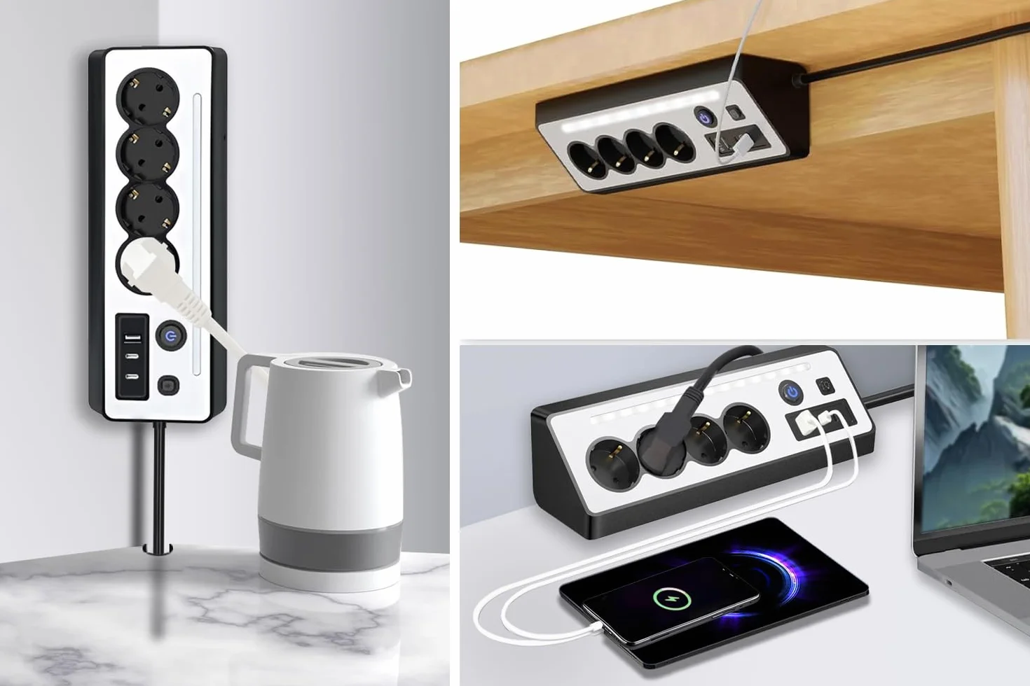Listwa zasilająca narożna, listwa zasilająca, 4 gniazda wtykowe z USB i 2 typami C, listwa zasilająca, ochrona przed przepięciem z diodami LED, kabel 1,5 m, do kuchni, biura, czarna