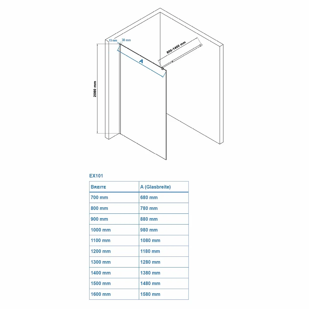 BERNSTEIN Przegroda prysznicowa 90 x 200 cm Szkło Kabina prysznicowa bez brodzika Walk-In Nano ESG Szkło hartowane Echtglas EX101 szare