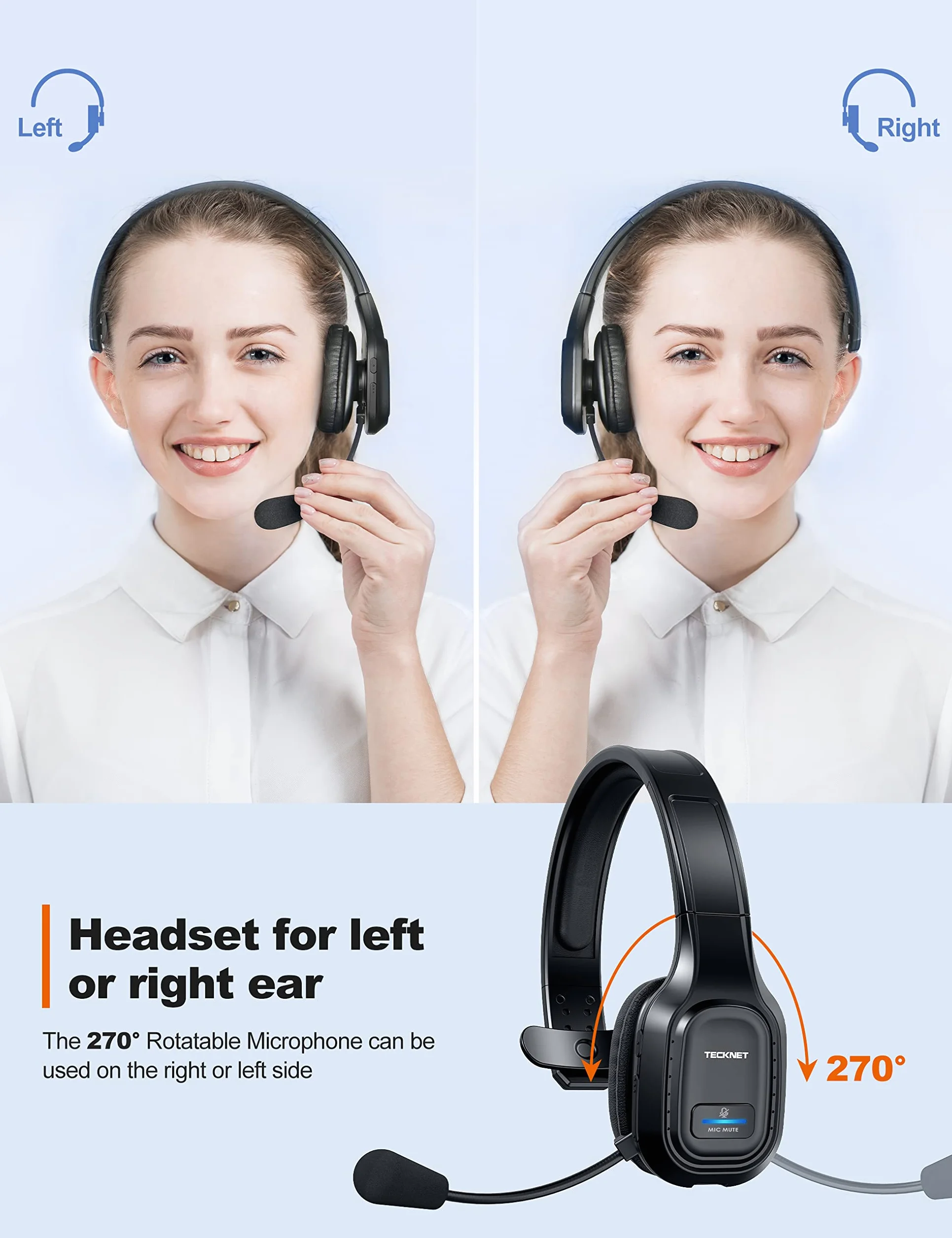 TECKNET Bezprzewodowy zestaw słuchawkowy Bluetooth z mikrofonem, redukcja szumów, 32-36h pracy