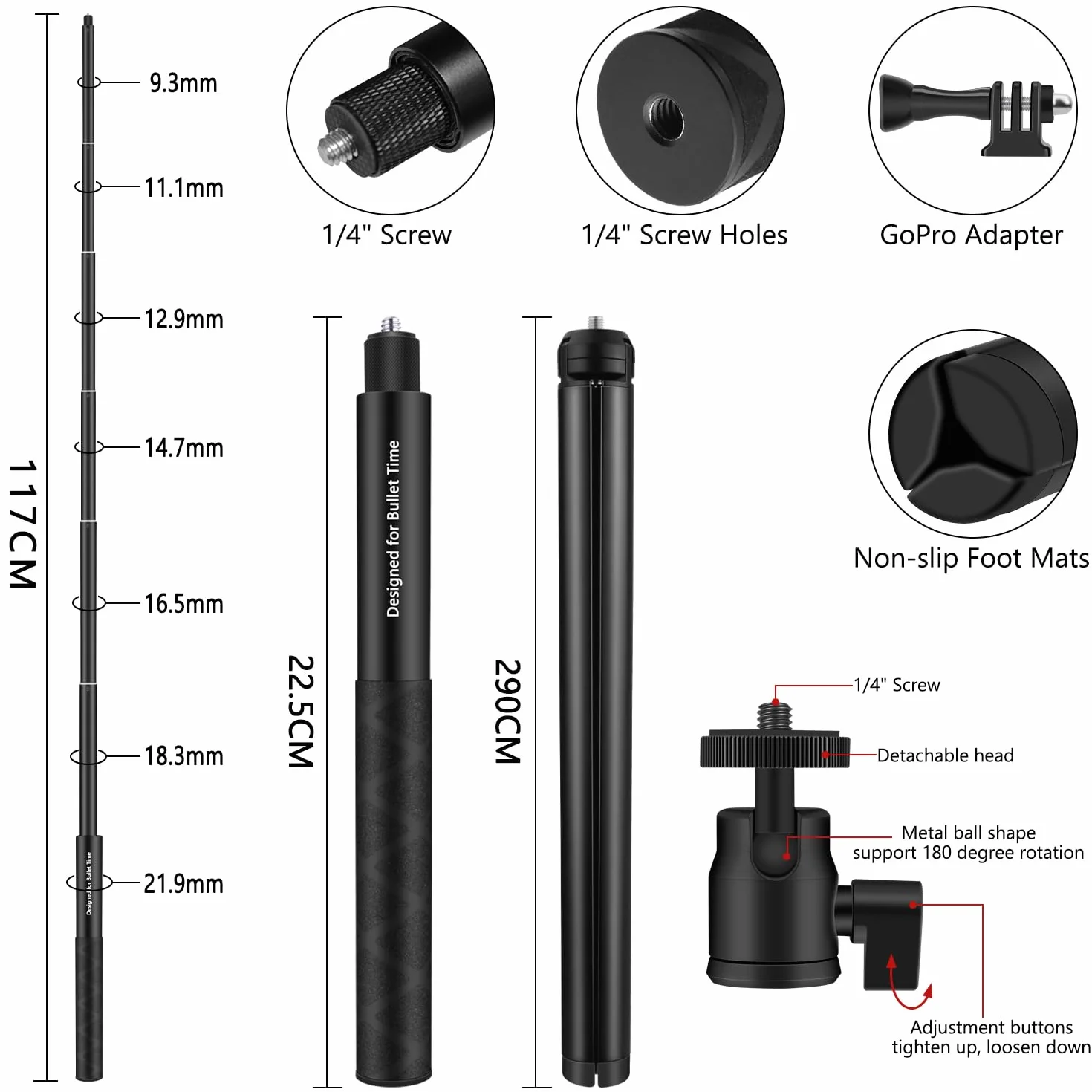 Wiseten Kijek do Selfie 130 cm Statyw Handheld Pole do GoPro Hero Black Insta360 X3/X4/One XR/RS