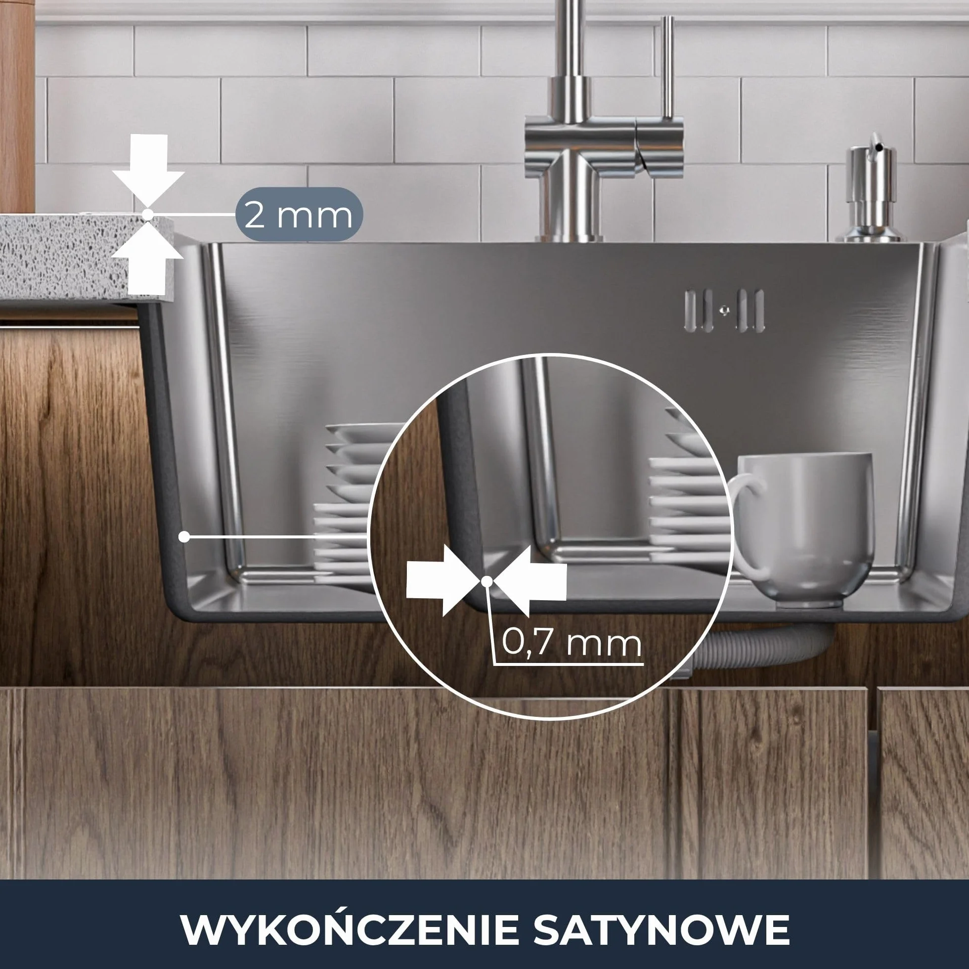 ANW HOME Zlewozmywak kuchenny 1 umywalka 48 x 48 cm, stal nierdzewna 304 | Montaż, bez ociekacza, satynowa powierzchnia, grubość 2 + 0,7 mm, głębokość 16 cm, z syfonem