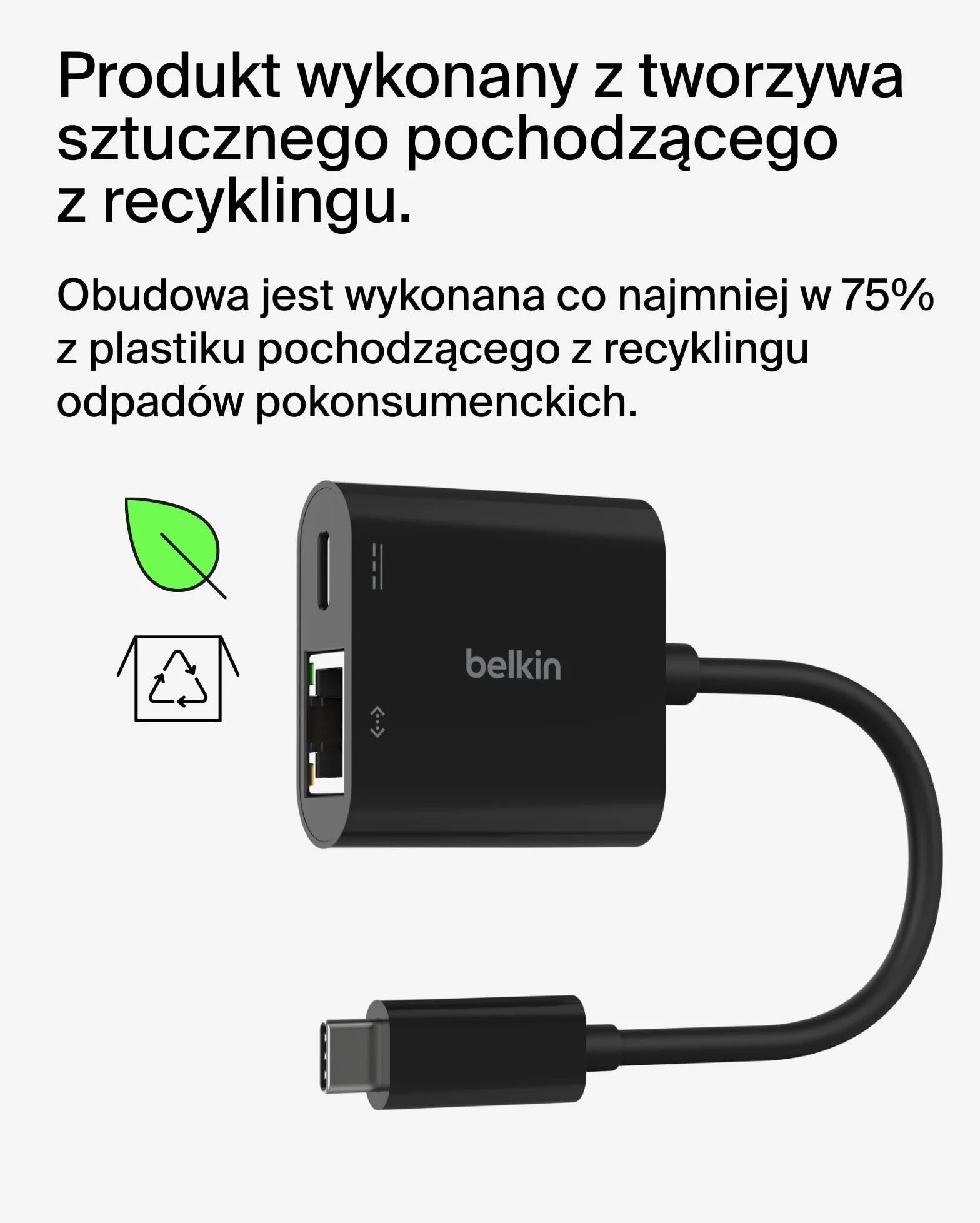 Adapter Belkin Connect USB-C na Ethernet z funkcją ładowania 100 W, port Gigabit Ethernet i USB-C – szybkie połączenie z Internetem: 10/100/1000 Mb/s – zgodny z iPhone’em 16 i Samsungiem Galaxy S24