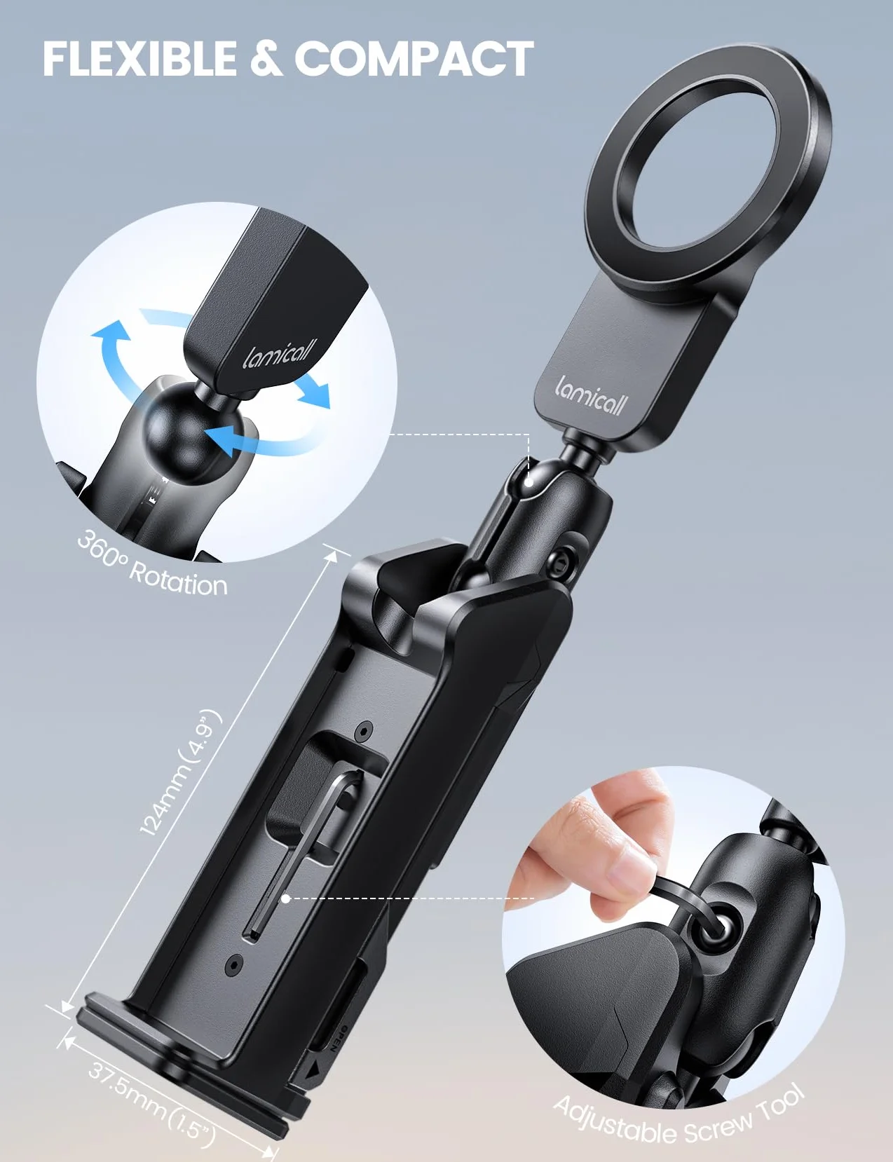 Lamicall Stojak samolotowy Magsafe 360° obrotowy regulowany dla iPhone 16 15 14 13 12 Serii