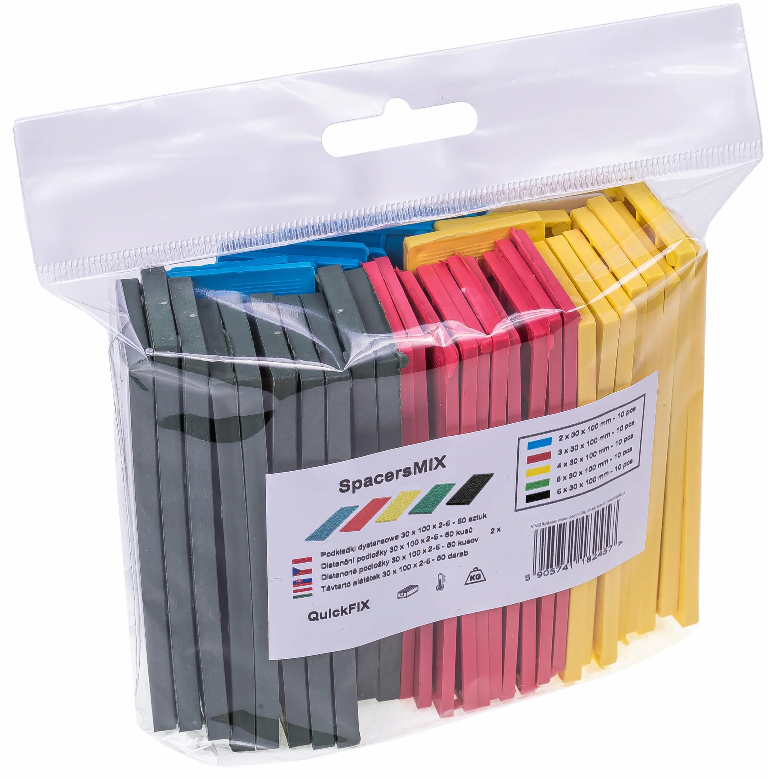 INTAKO - Podkładki Dystansowe Plastikowe - Zestaw MIX 50 sztuk - 30 x 100 mm - Kliny Montażowe Wyrównujące Do Okien Szklenia Drzwi - 10 Sztuk z Każdej Grubości
