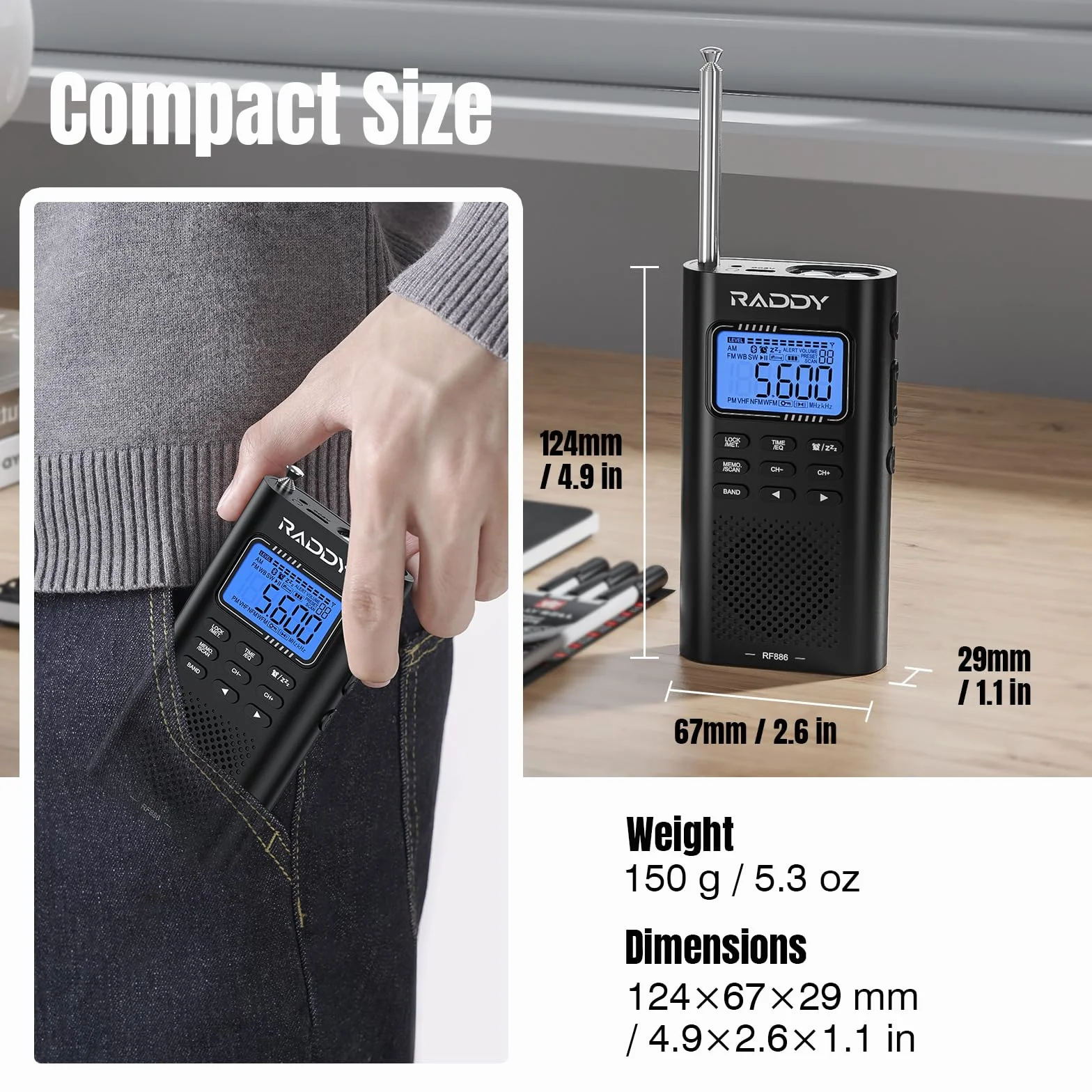 Raddy RF886 Przenośne radio krótkofalowe AM/FM/SW/UKW z głośnikiem BT i anteną 3m