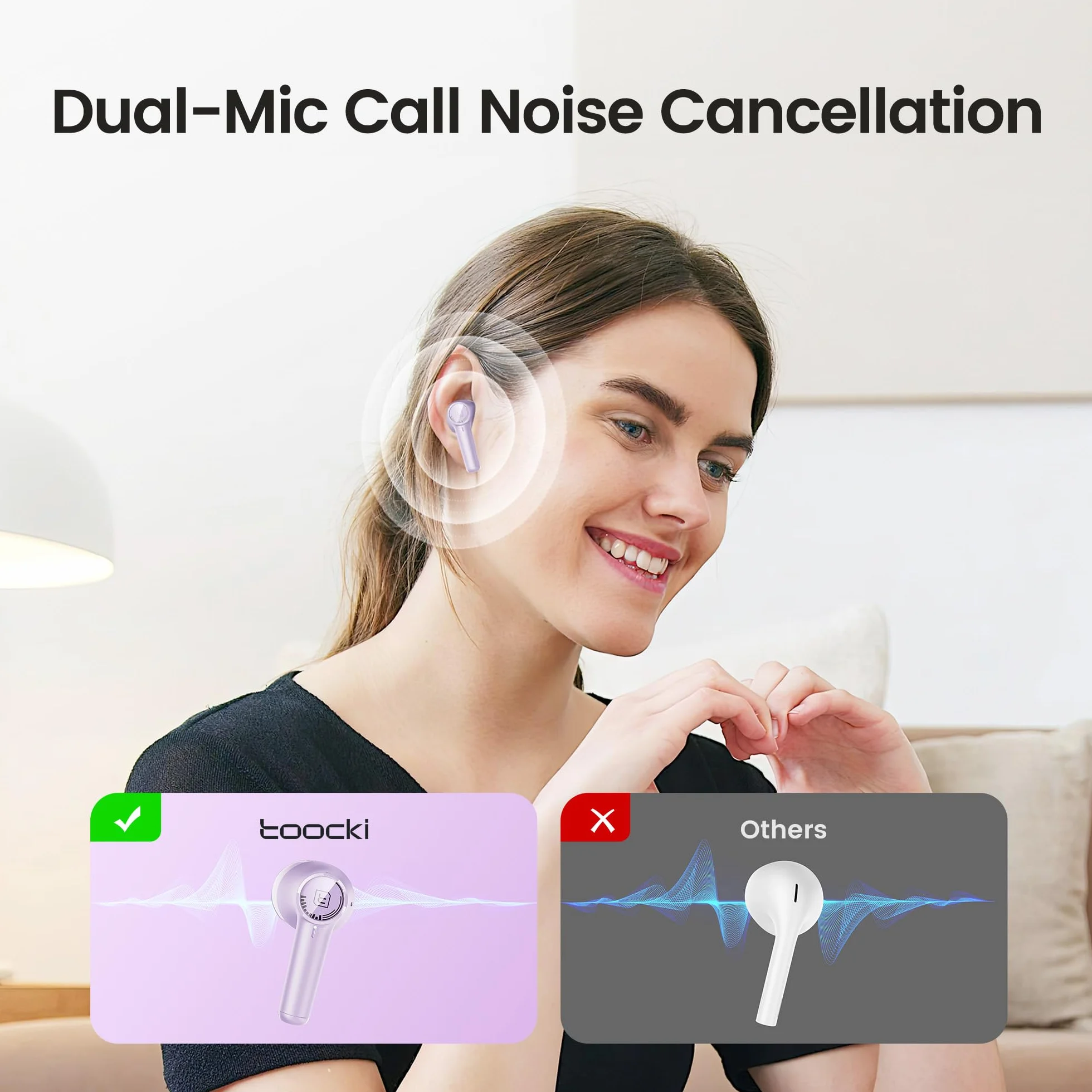 toocki ENC Bezprzewodowe słuchawki douszne z redukcją szumów, słuchawki Bluetooth 5.3, przetworniki 13 mm, głęboki basowy dźwięk stereo, 4 mikrofony, wyraźne połączenia ENC, krystaliczna obudowa