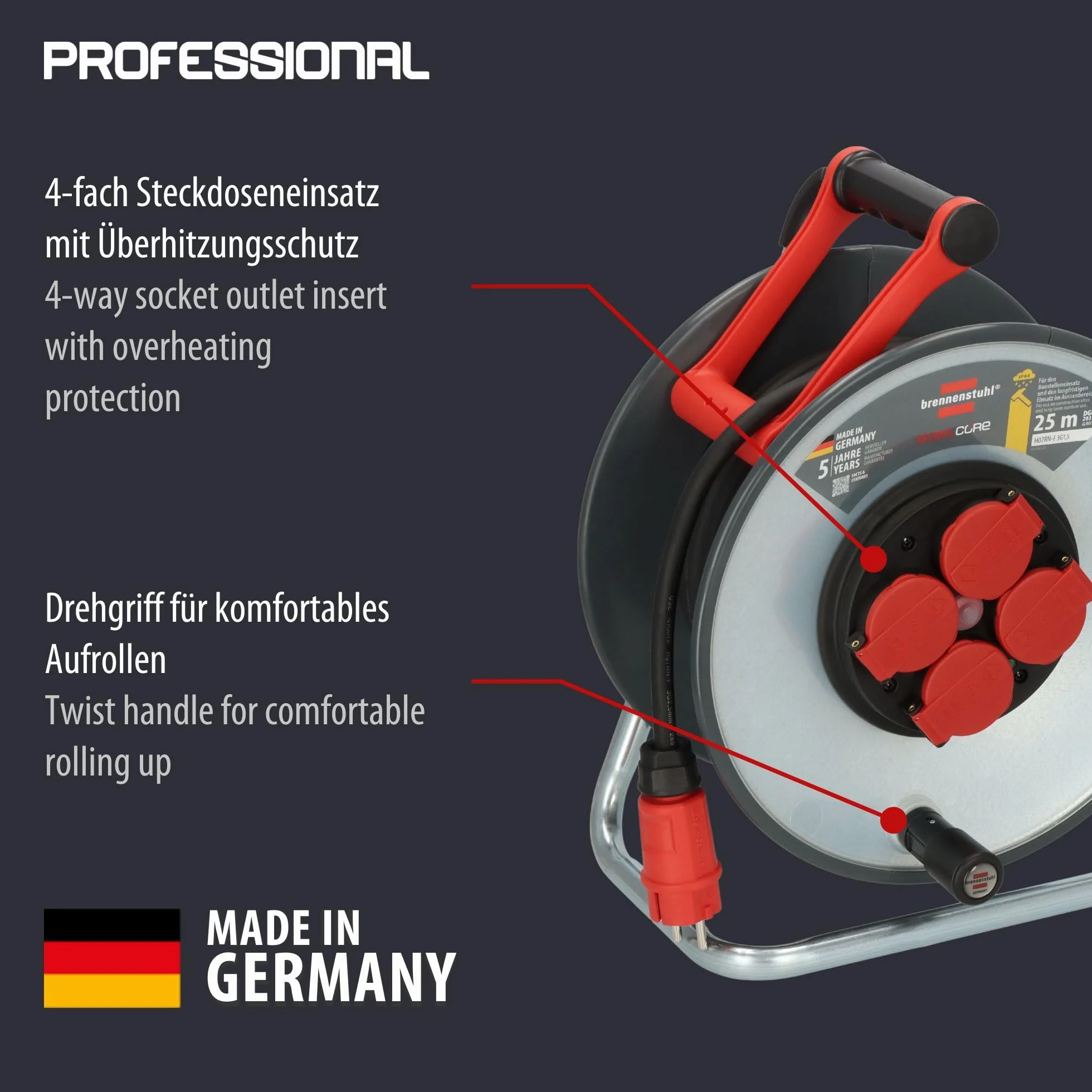Brennenstuhl Professional SteelCore bęben kablowy SC 2200 IP44 (25 m H07RN-F 3G2,5, korpus bębna z blachy stalowej, zastosowanie na placu budowy i stałe użytkowanie na zewnątrz, Made in Germany)