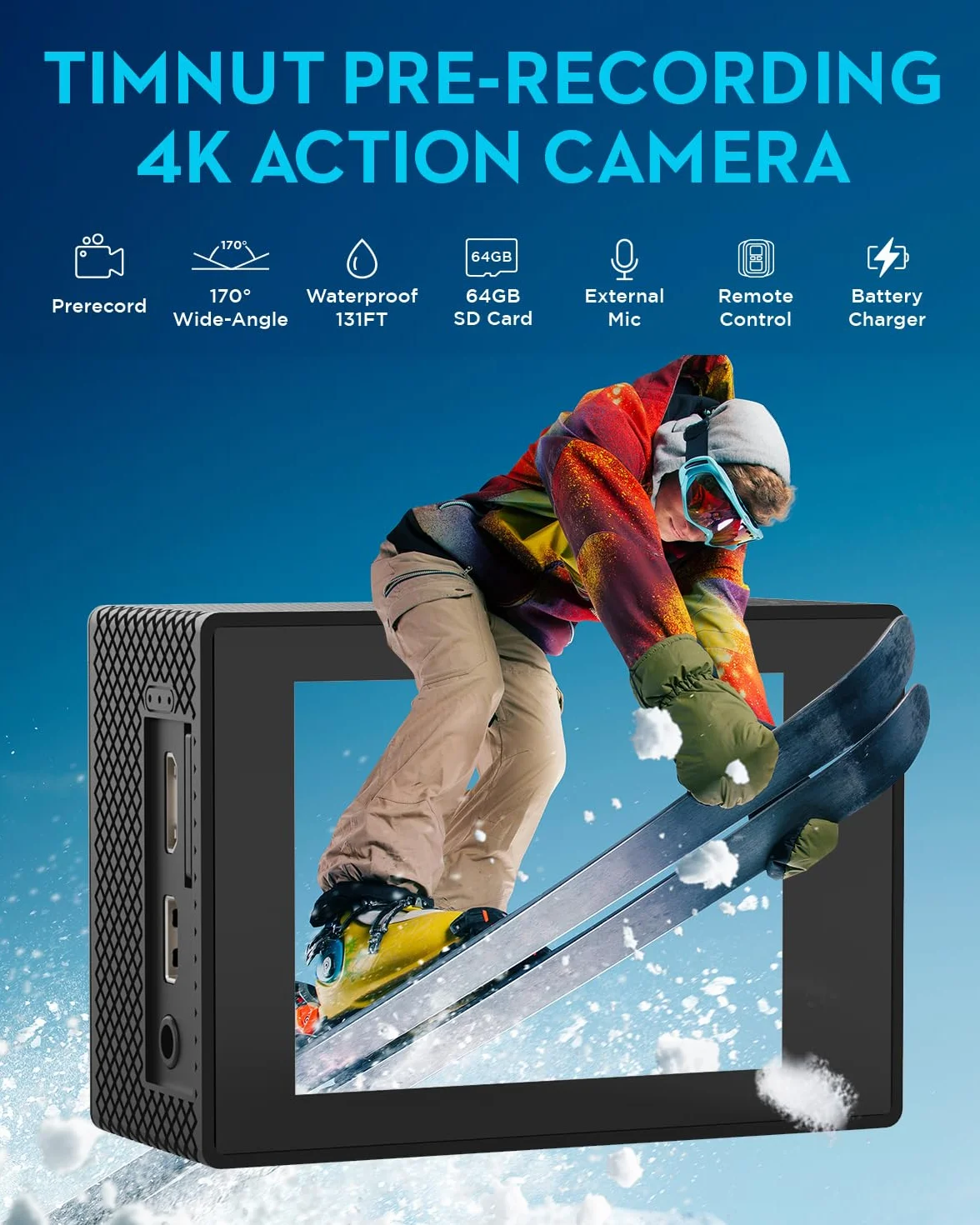 Kamera sportowa 4K 30 kl./s z kartą SD 64G, wodoodporna kamera HD 39.9 m podwodne kamery 20 MP nagrywanie wstępne WiFi kamera 170° zdalnie sterowane kamery sportowe z 2 bateriami zestaw akcesoriów do