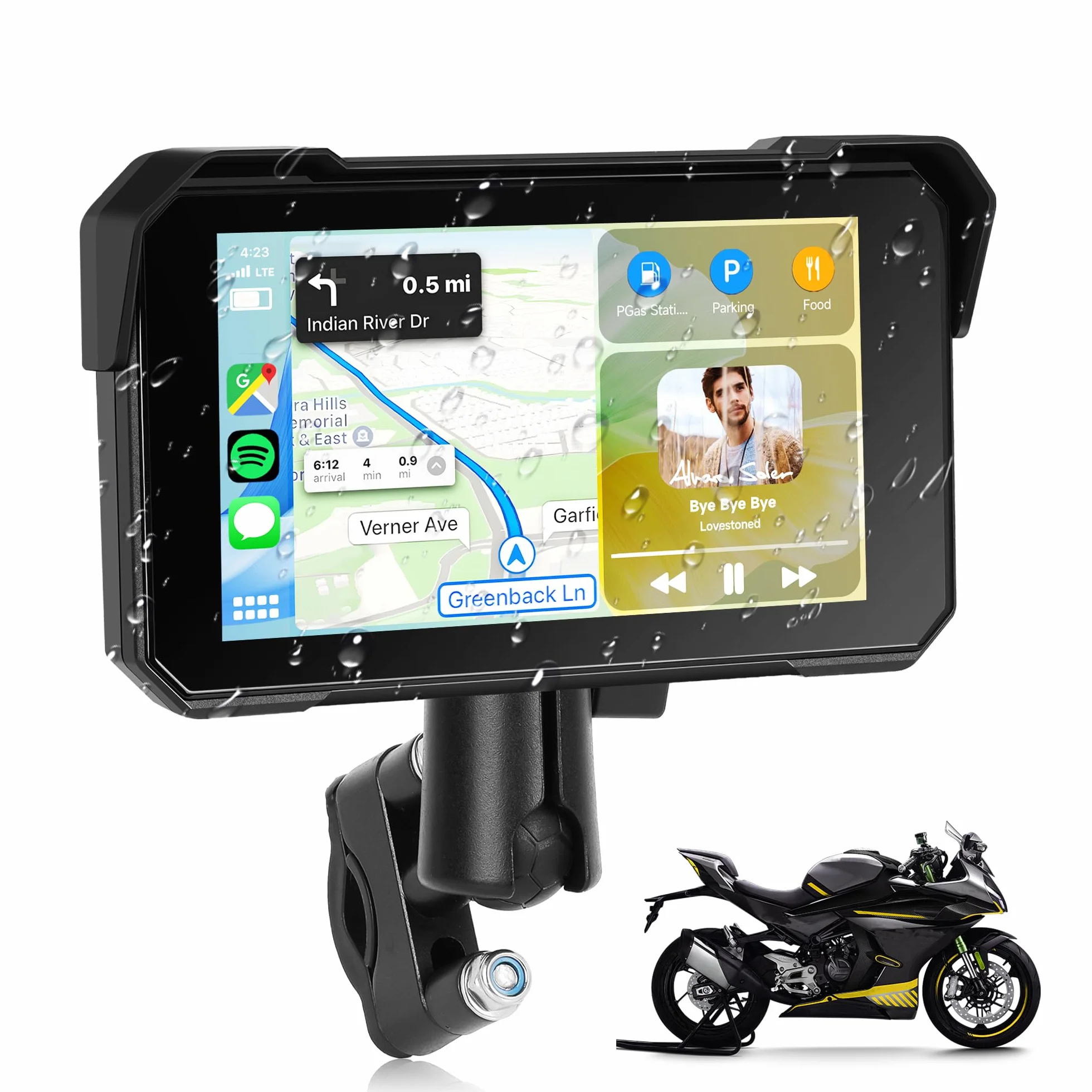 Rimoody Moto Carplay, bezprzewodowe radio samochodowe z systemem Android, z ekranem dotykowym o przekątnej 5", wodoszczelność IP68, z funkcją rozpoznawania ciśnienia w oponach, karta pamięci 12 V