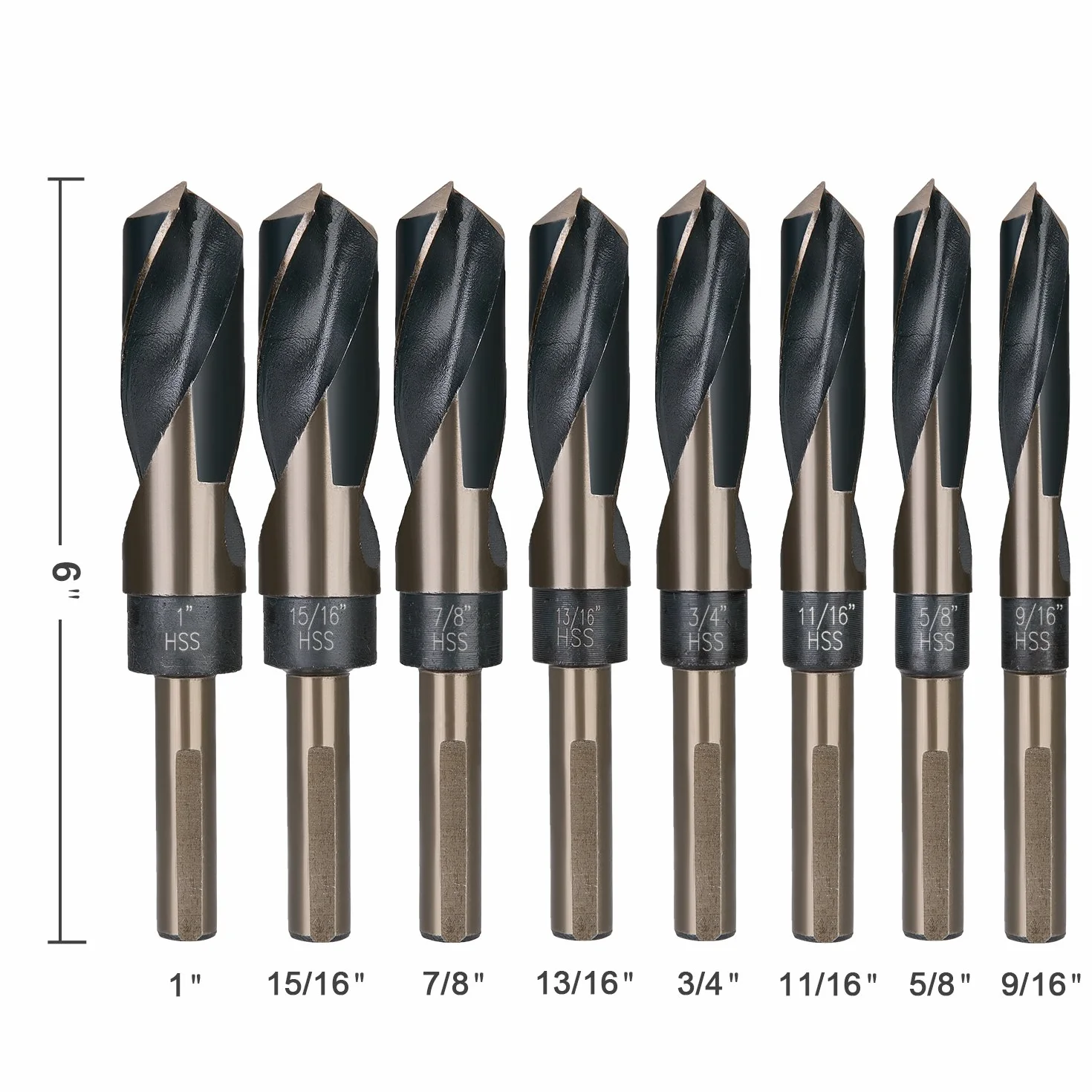 EFFICERE 8-częściowy zestaw wierteł 1/5.1 cm z chwytem srebrnym i Deming w aluminiowej walizce transportowej, stal szybkotnąca (HSS) | SAE rozmiar 9/40.6 cm - 2.5 cm na 1/16 przyrost