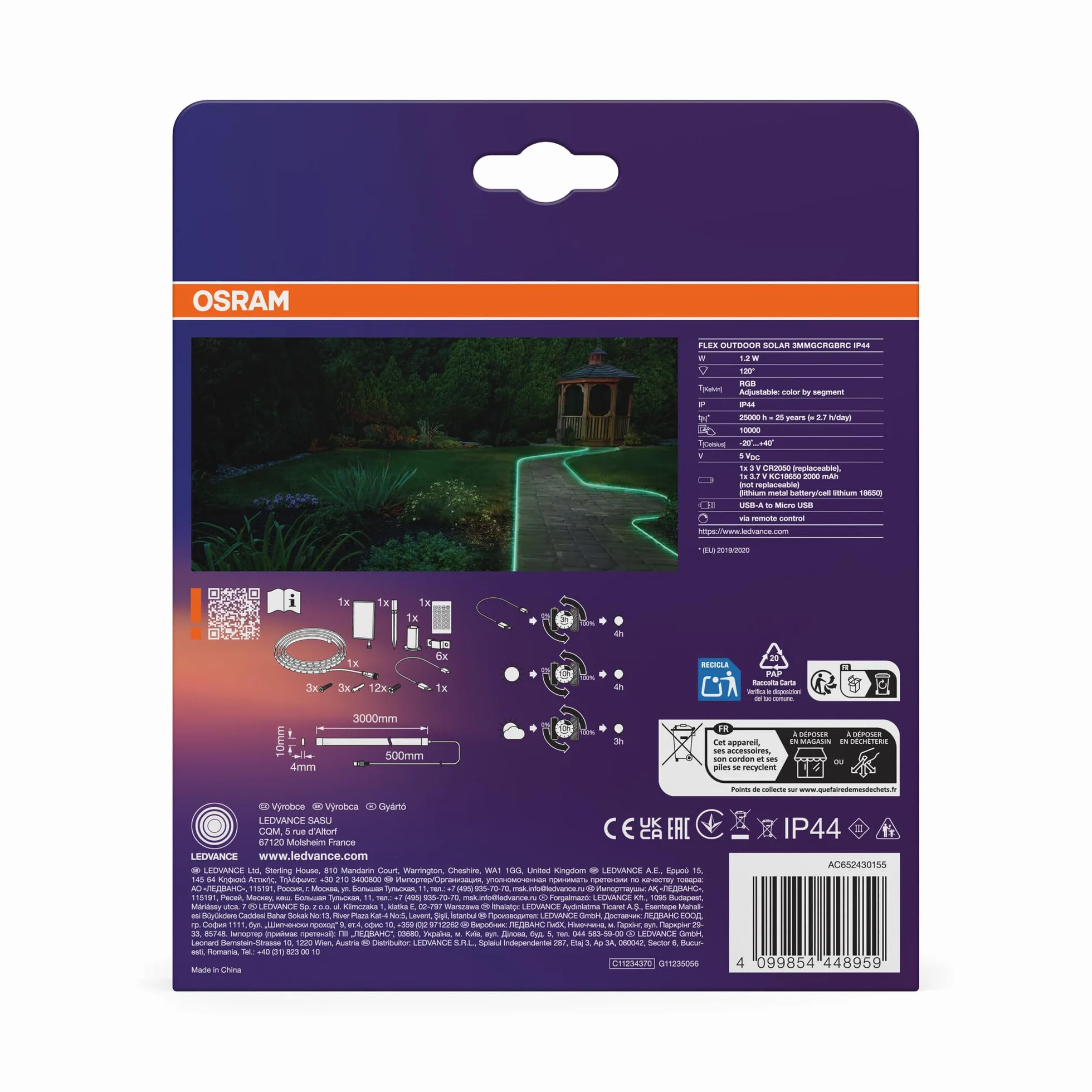 OSRAM FLEX Outdoor Solar dekoracyjne kolorowe paski LED do użytku na zewnątrz z panelem słonecznym z Magic RGB, RC, IP44, możliwość przyciemniania, biały, silikon, 3 m, niewymienna żarówka