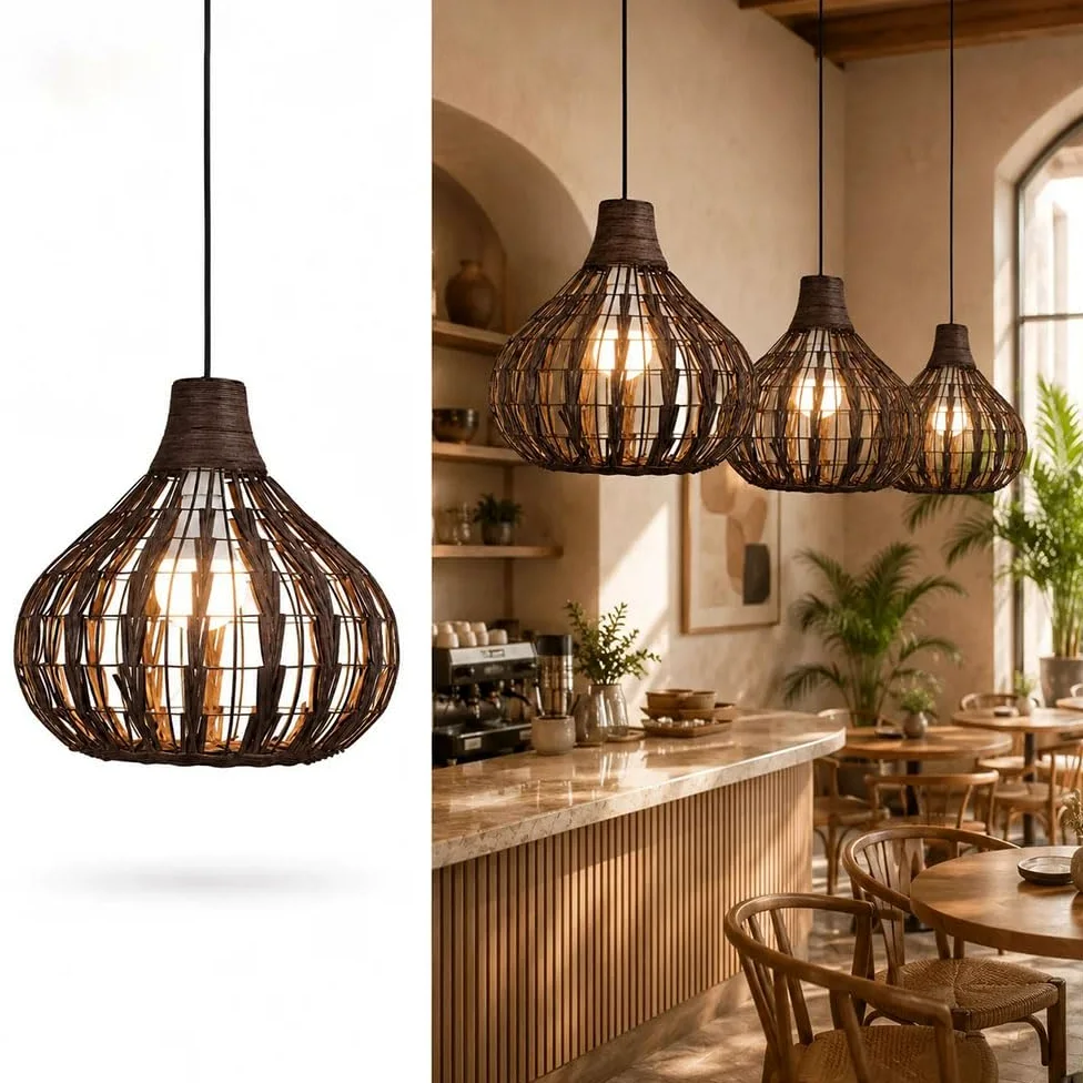 13,78 Brązowa Lampa Wisząca Z Naturalnego Rattanu, Pleciony Klosz Do Lampy Wiszącej W Kształcie Latarni, Wisząca Lampa Sufitowa, Ręcznie Robiony Klosz Do Wyspy Kuchennej W Korytarzu I Przedpokoju
