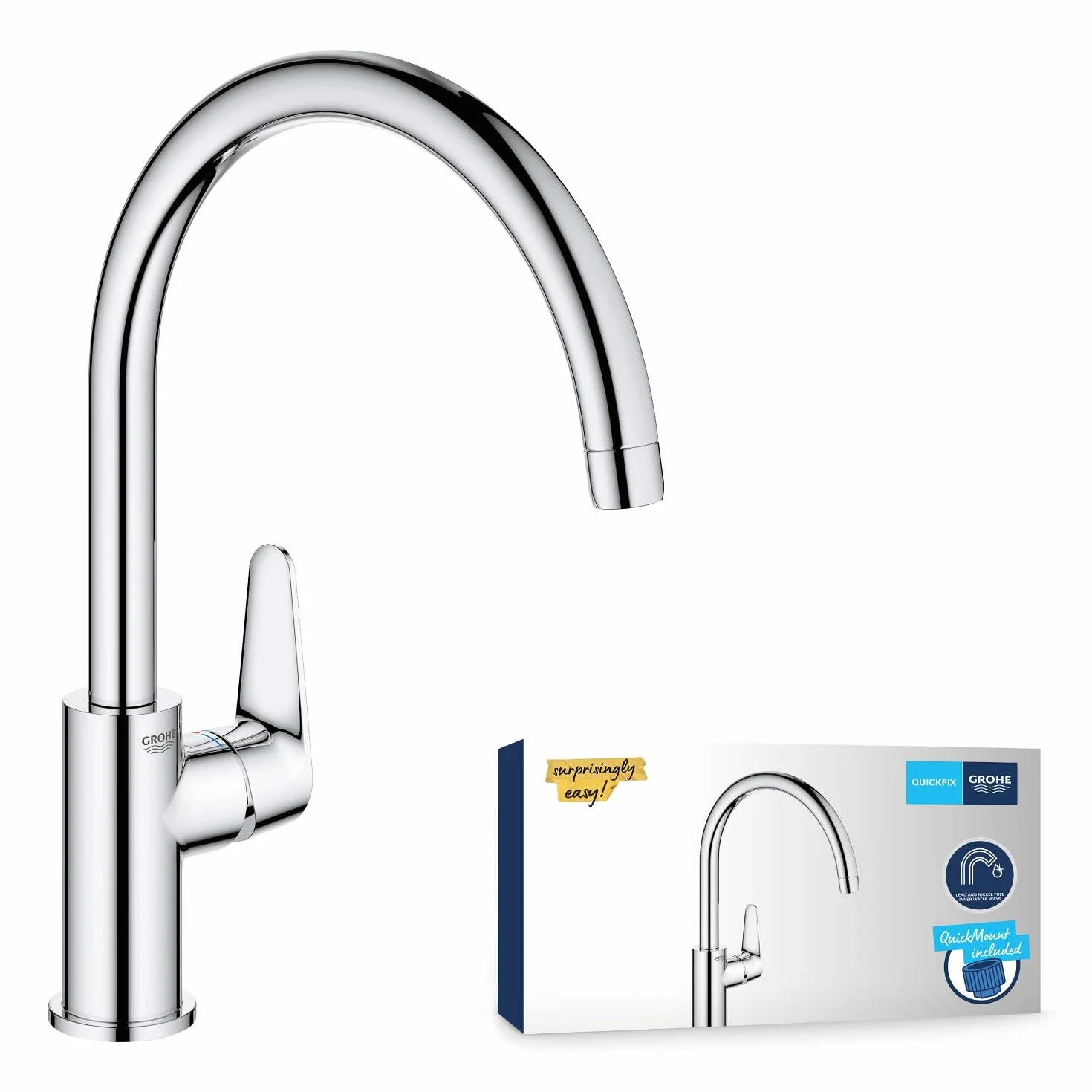 GROHE StartCurve 31554001 armatura kuchenna (kran do kuchni, zakres obrotu 360°, oszczędność wody dzięki zmiennemu ograniczeniu ilości, montaż zlewu bez użycia narzędzi), chrom,
