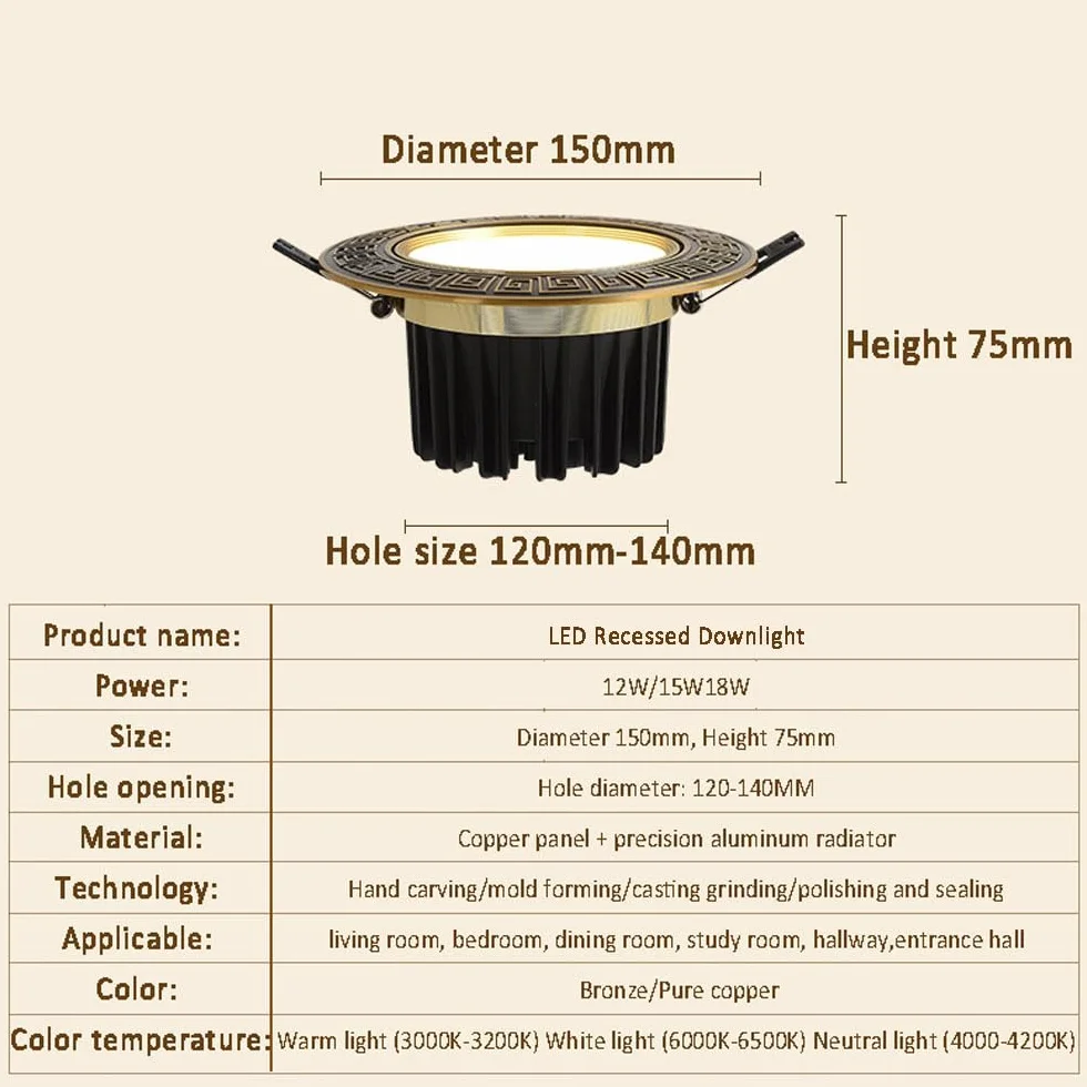 Zestaw 12 diod LED do zabudowy, przyciemniane, z ręcznie rzeźbioną krawędzią z mosiądzu, 90 CRI, 12 W, 15 W, 18 W, oświetlenie wpuszczane LED do wyboru pa, 12 W