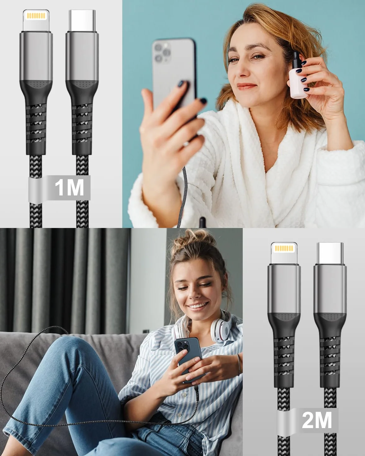 Kabel USB C Lightning 1M+2M 2 Sztuki MFi Nylonowy Szybkie Ładowanie do iPhone 14/13/12/11/X iPad iPod AirPods